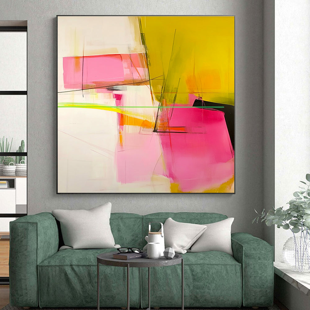 Pink and Yellow Abstract Painting with Geometric Elements GER629