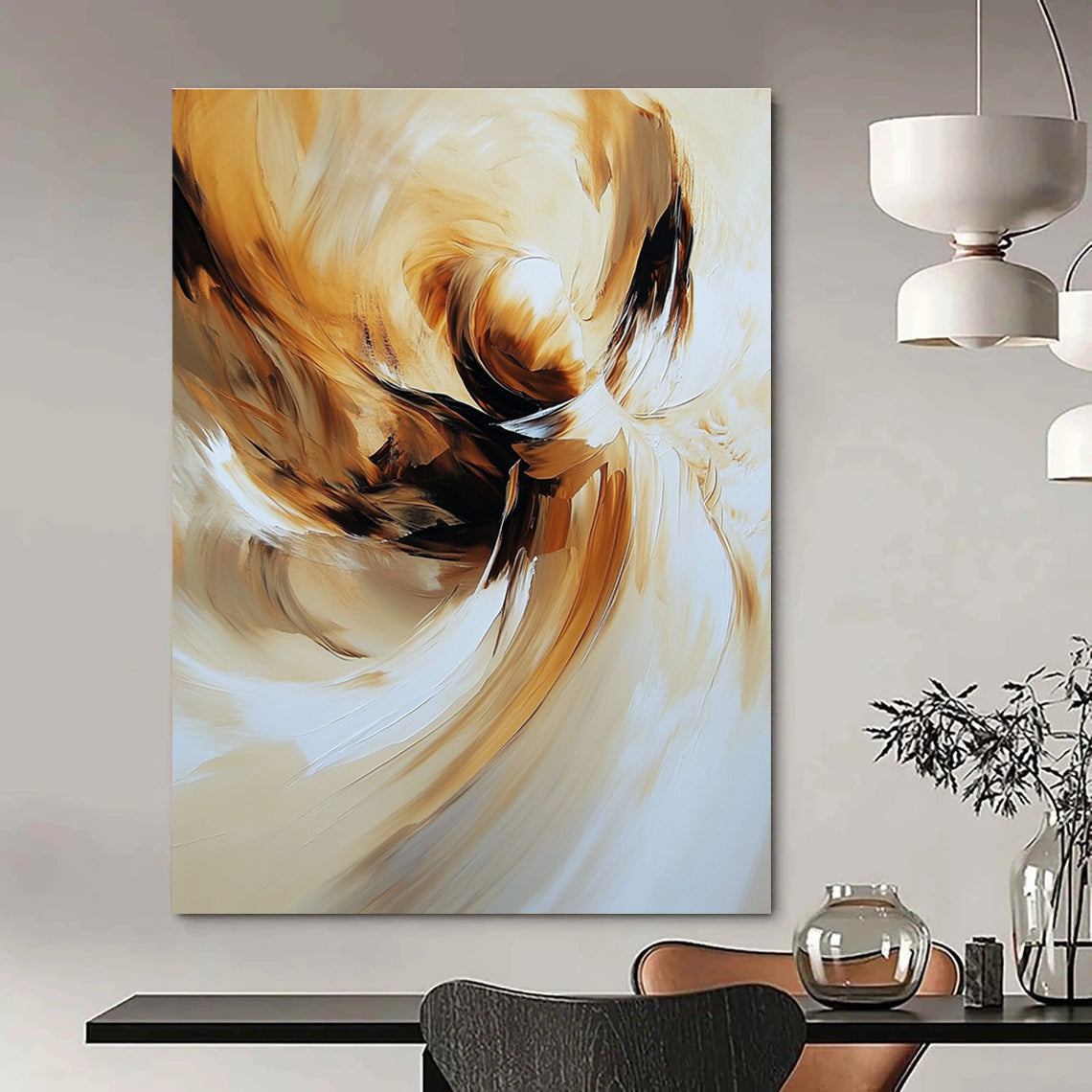 Large abstract painting of an angel featuring swirling brush strokes in warm beige and brown tones for a captivating aesthetic.STSC634