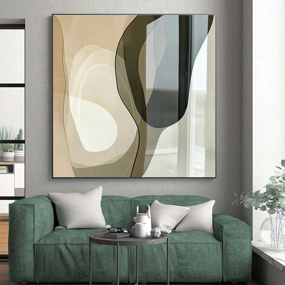 Beige and Black Curved Abstract Painting with Transparent Elements GER045