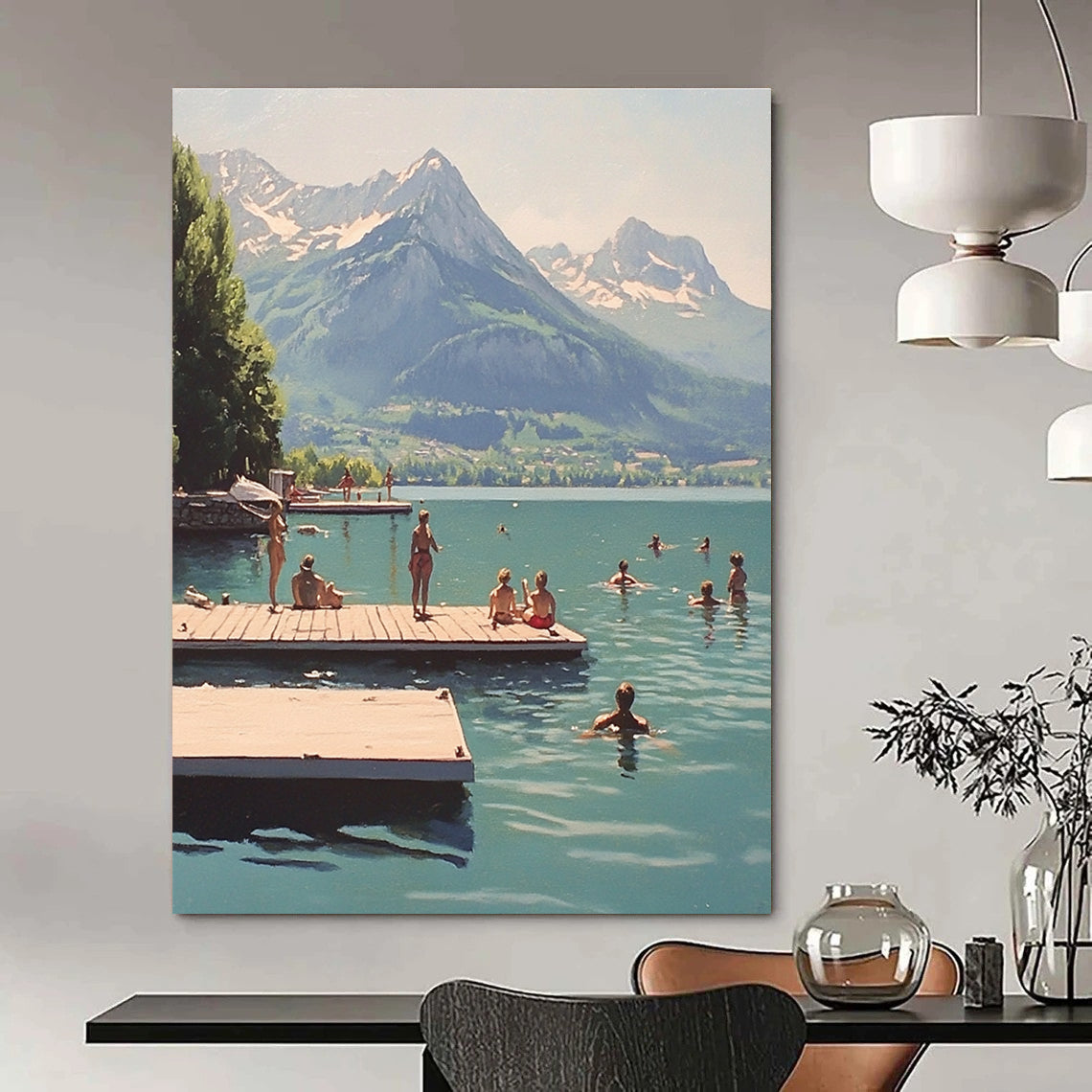 A large abstract painting depicting swimmers at Lake Annecy with majestic mountains creating a tranquil backdrop.STSC878