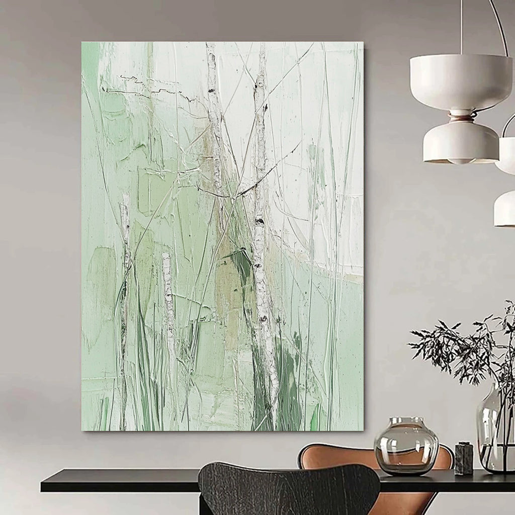 Large abstract painting featuring birch trees and grass in soft greens on a white background with fine details and impasto texture in neutral colors.STSC300