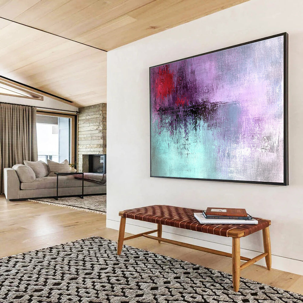 Large abstract painting with grunge texture in light purple and teal featuring dark red details for an emotional expression.SC221