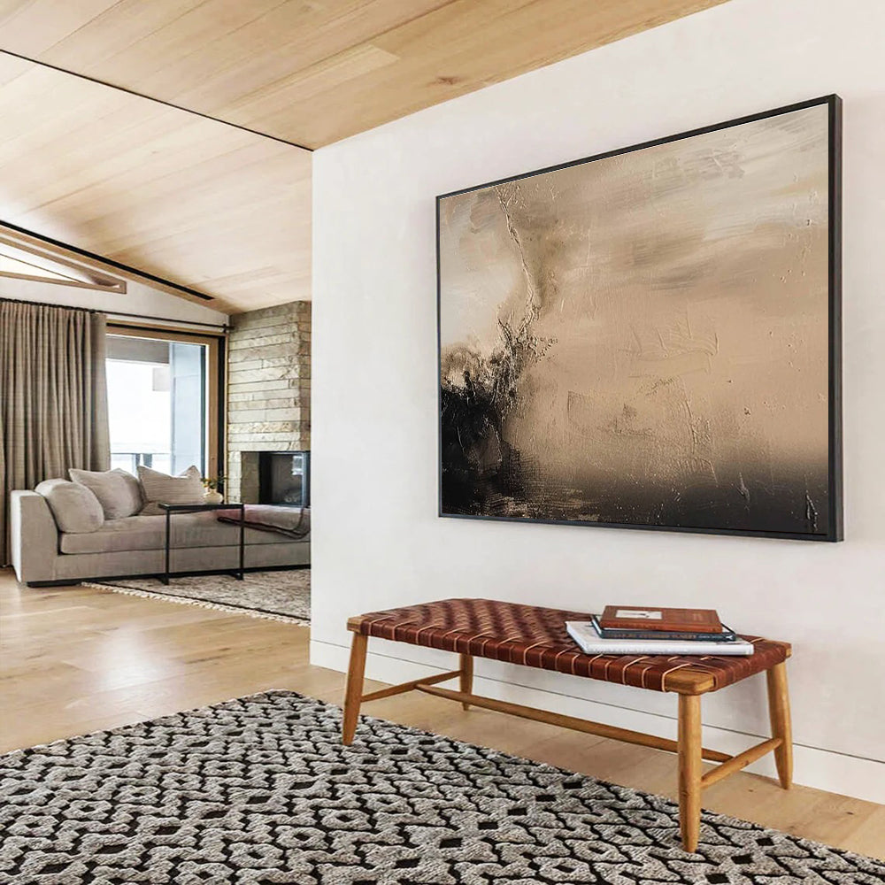 Beige Black Abstract Painting with Subtle, Contrasting Textures THY394