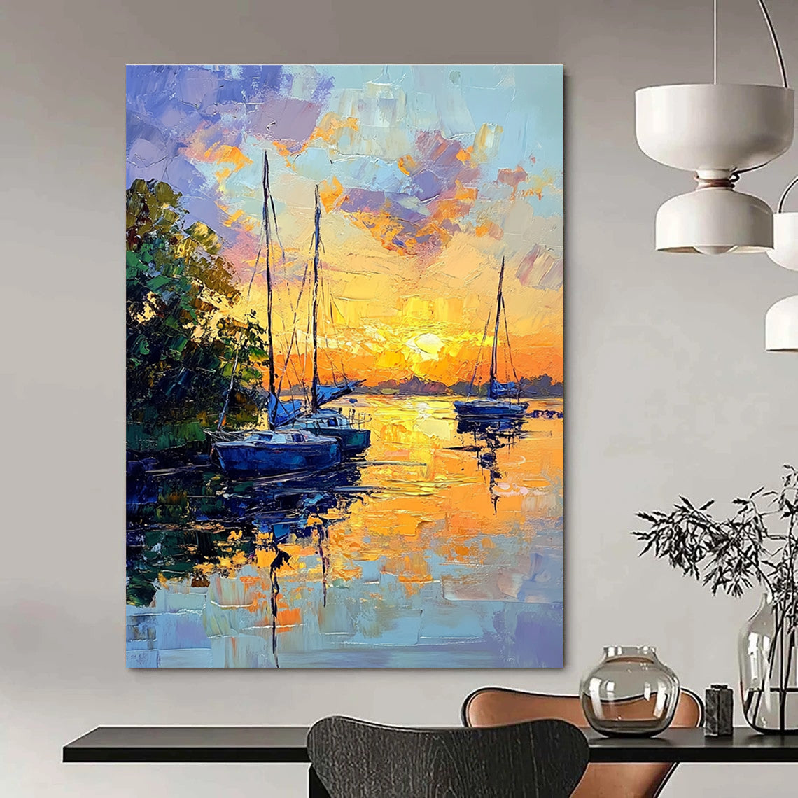Abstract painting of sailboats at sunset with vibrant colors large brush strokes and serene reflections on the riverbank surrounded by lush greenery.STSC1394