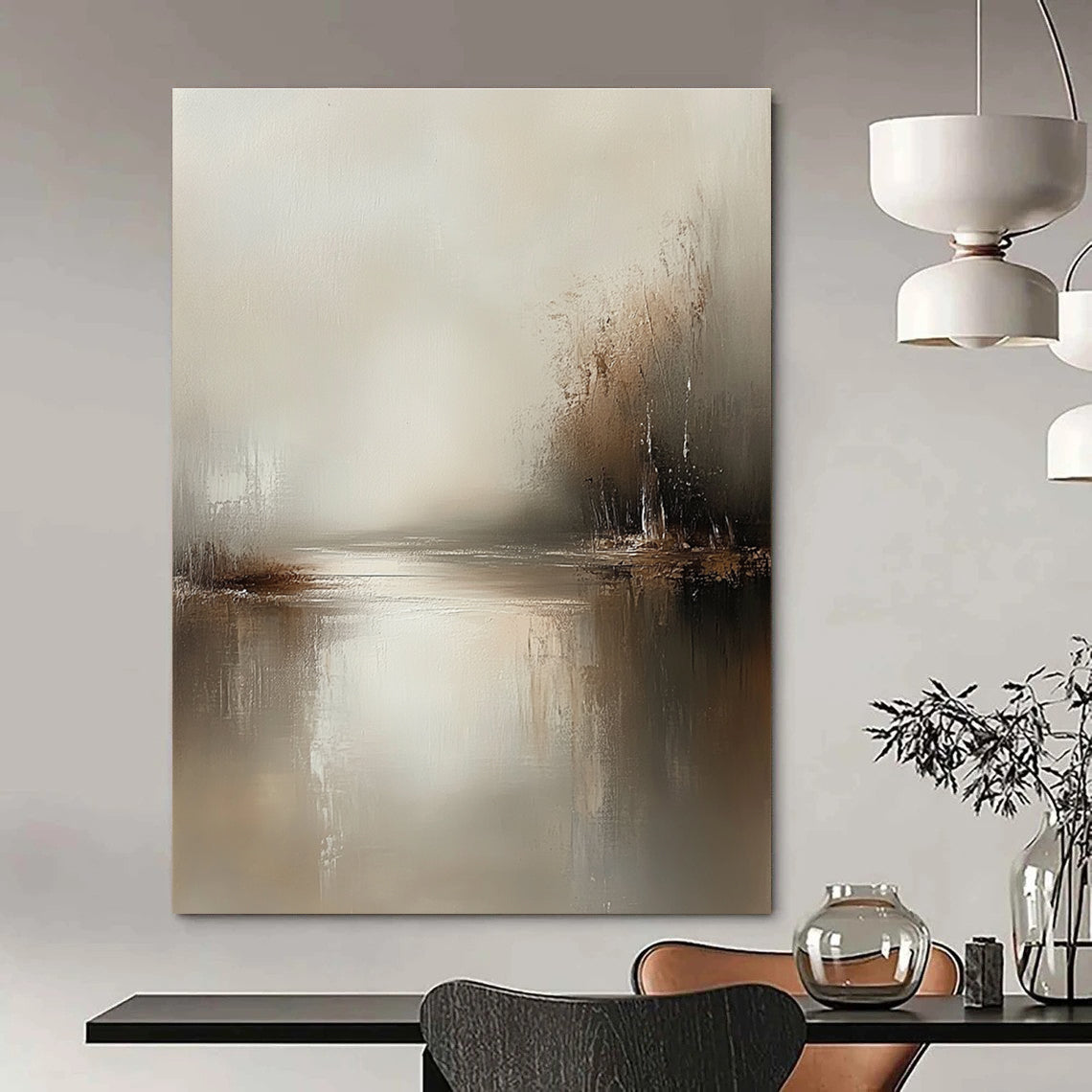 Large abstract painting in muted tones of beige and grey featuring tranquil waters and soft brush strokes for a serene atmosphere.STSC077