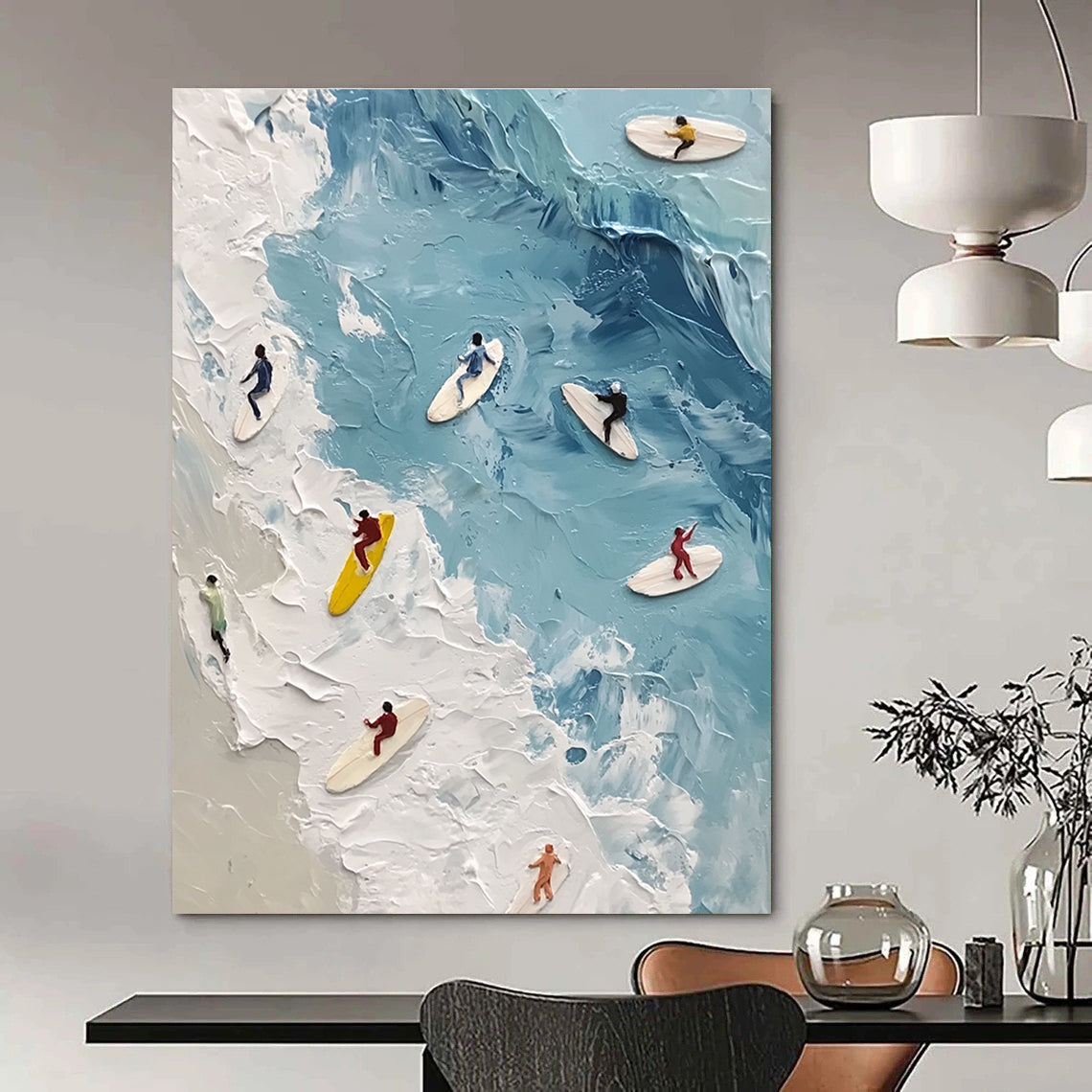 Large abstract painting of surfers on soft blue waves with a wet oil effect featuring soft colors and subtle figures floating in the water.STSC1436