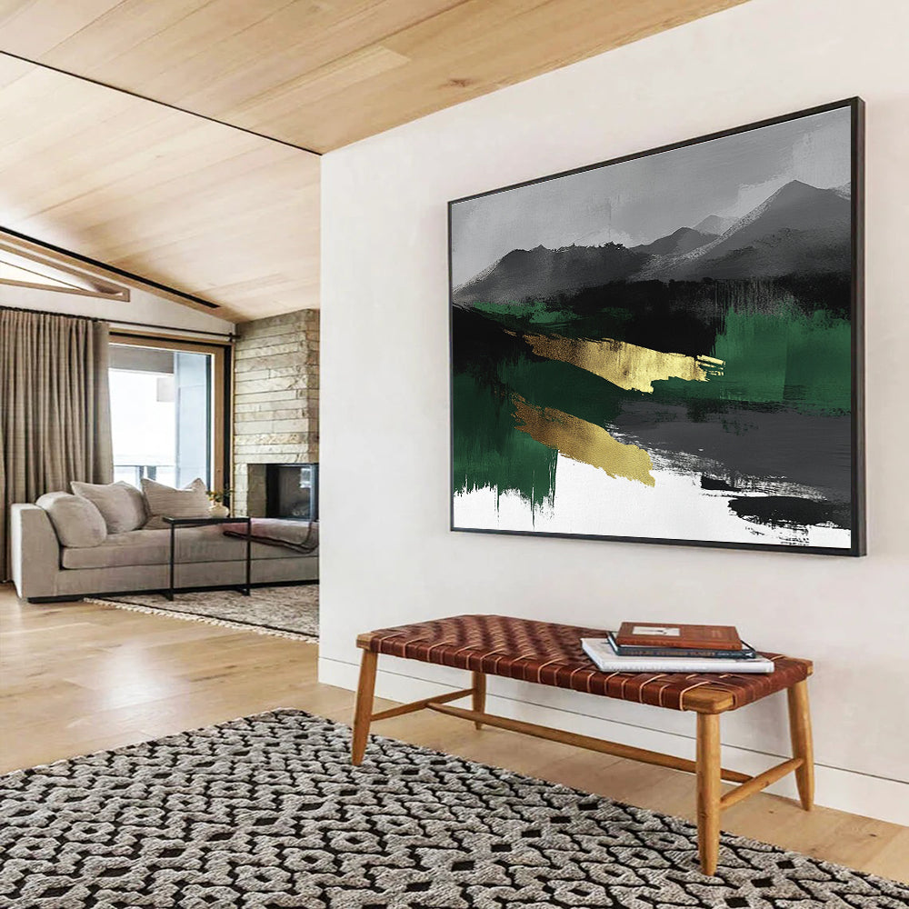 Large abstract watercolor landscape in green, black, and gray with gold accents, perfect for modern decor.SC050