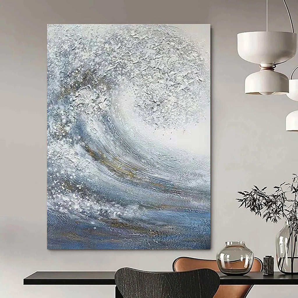 Silver and Blue Wave Abstract Painting with Sparkling Textures ADGE337