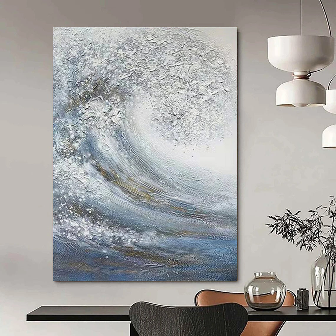 Silver and Blue Wave Abstract Painting with Sparkling Textures ADGE337