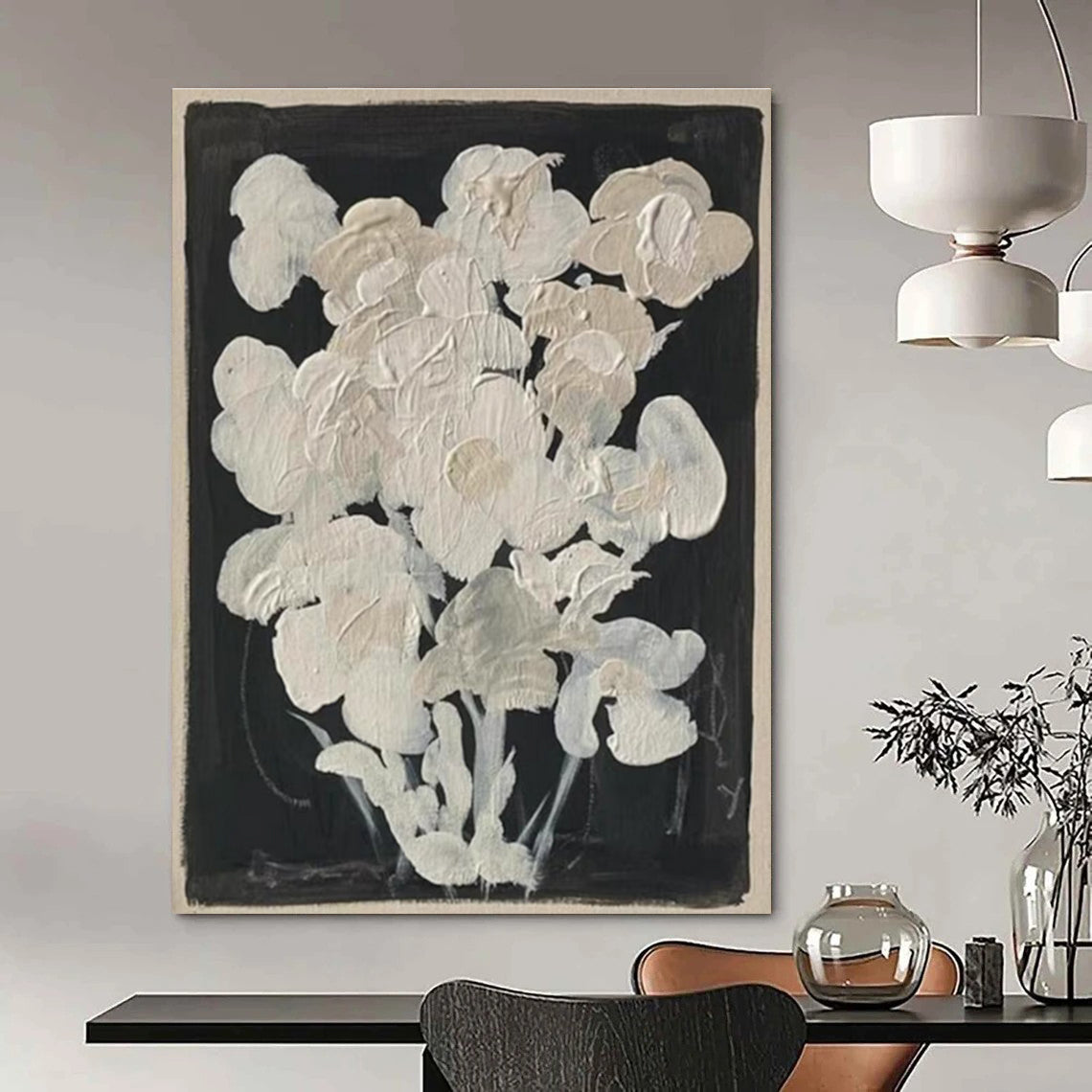 White Flowers on Black Background Abstract Floral Painting ADGE140
