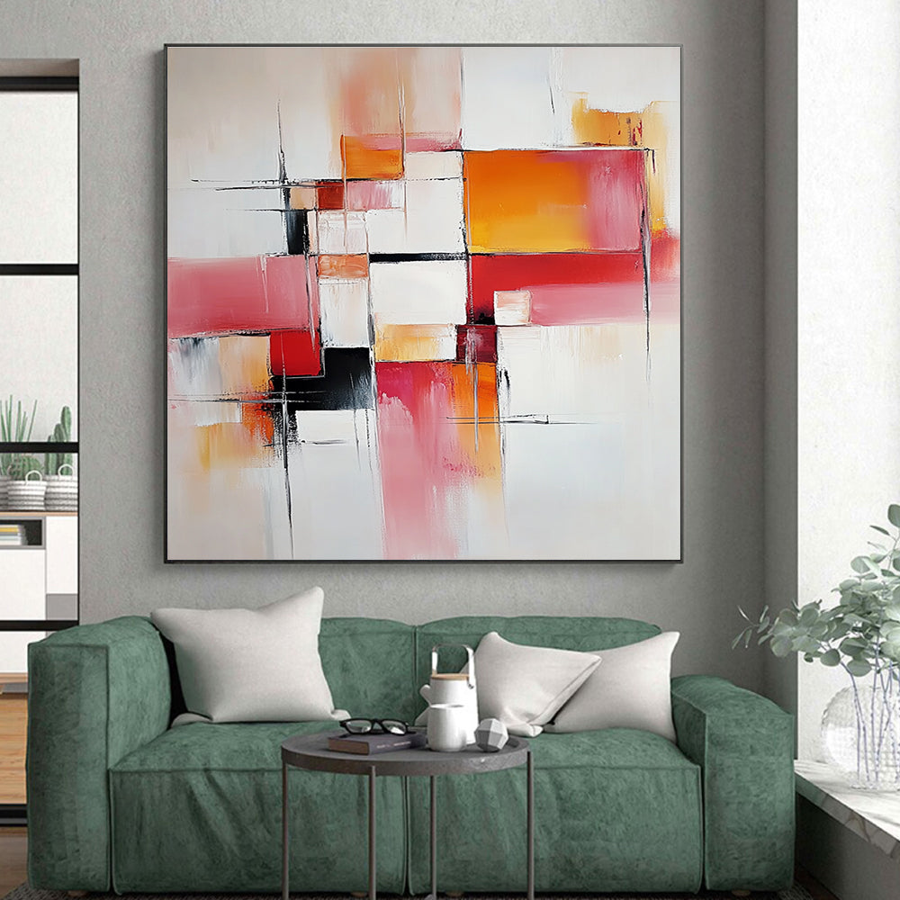 Pink Orange and White Abstract Painting with Geometric Shapes GER681