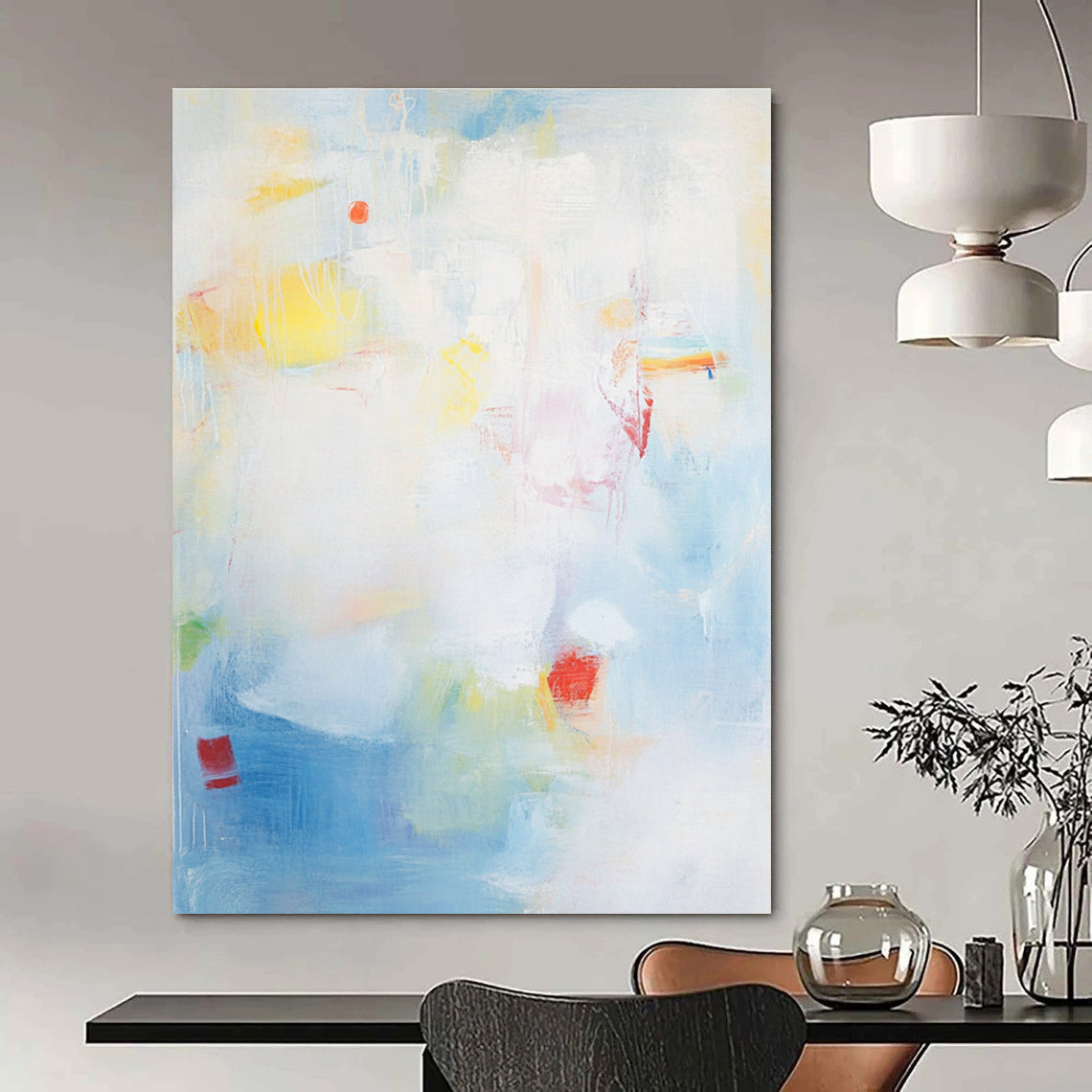 Large abstract painting with a light blue background and soft strokes depicting the sea with waves rocks and fishing boats.STSC401
