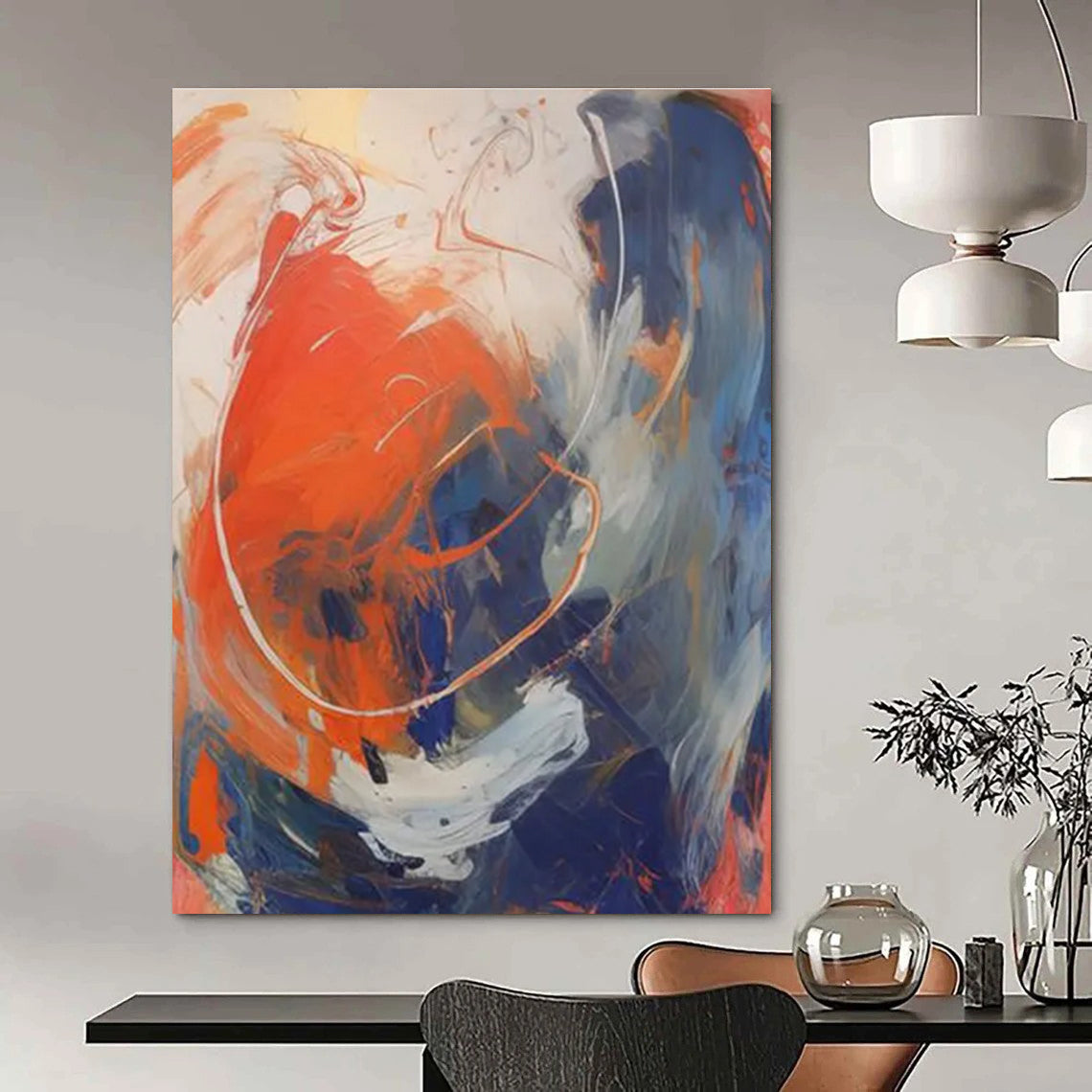 Dynamic Color Swirl Abstract Painting with Orange, Blue, and White ADGE133