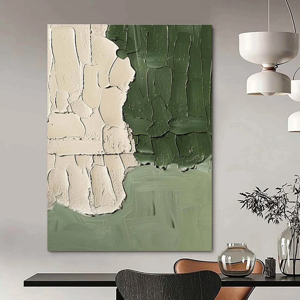 Beige and Green Textured Abstract Painting with Thick Brushstrokes ADGE501