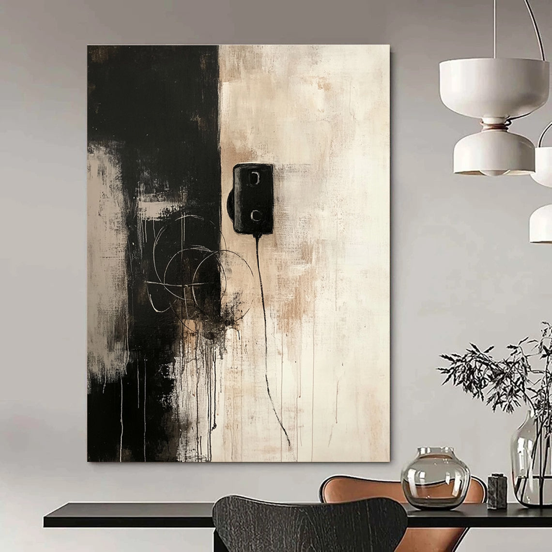 Abstract painting featuring a dark gray and beige color scheme with an old telephone and connecting wires evoking solitude and contemplation.STSC727