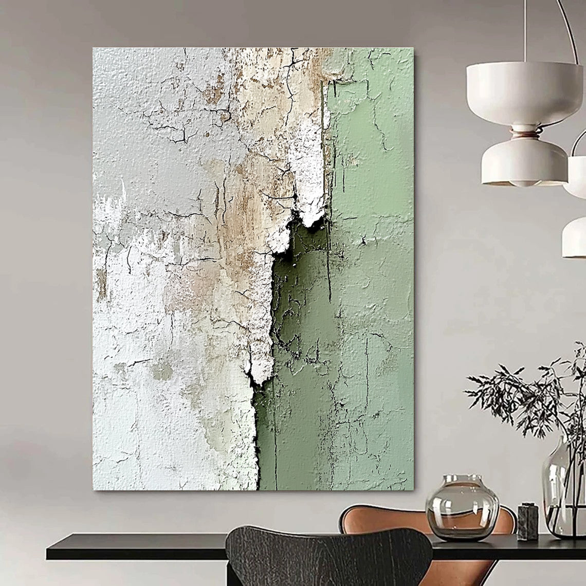 Large abstract painting with impasto texture in sage green and white showcasing peeling paint details for a unique artistic touch.STSC384