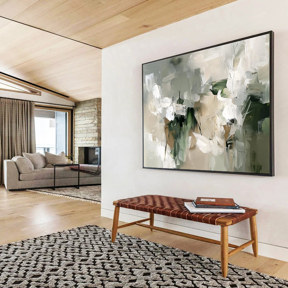 Neutral Tones Floral Abstract Painting with Green and Beige DYP509