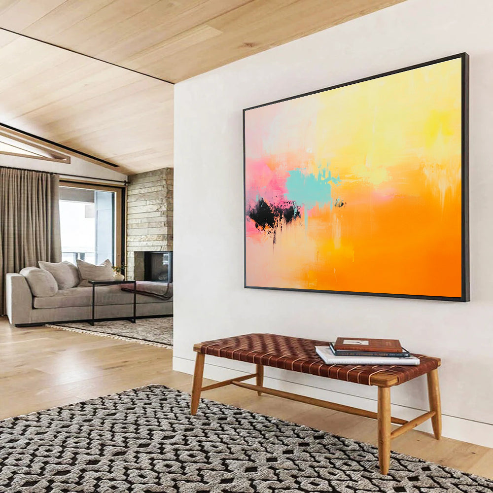 Large abstract painting featuring soft hues of light yellow, pink, orange, and turquoise for a serene and uplifting atmosphere.SC254