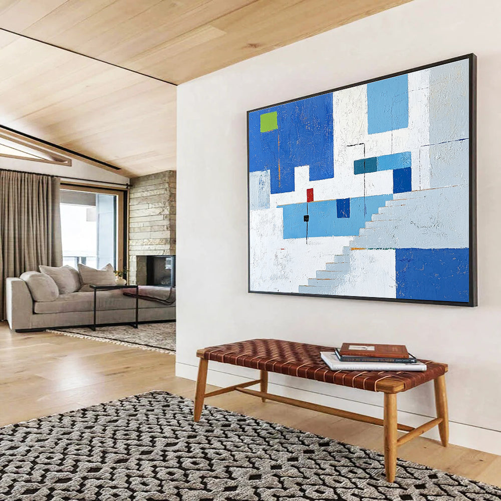 Blue and White Geometric Architectural Abstract Painting DYP081