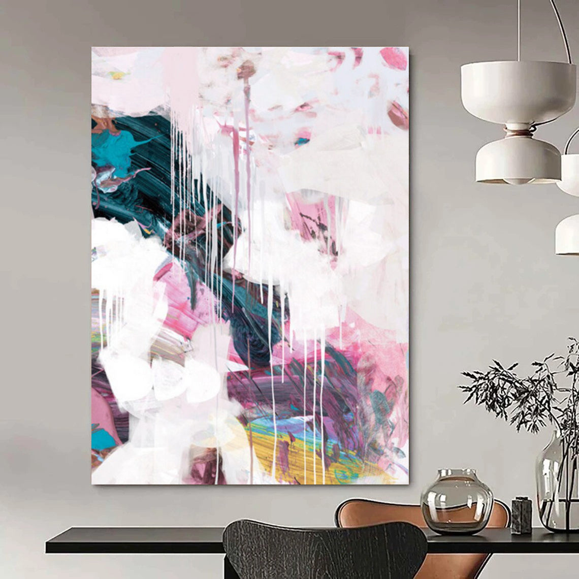 Pink and White Dripping Abstract with Soft Tones Painting ADGE192