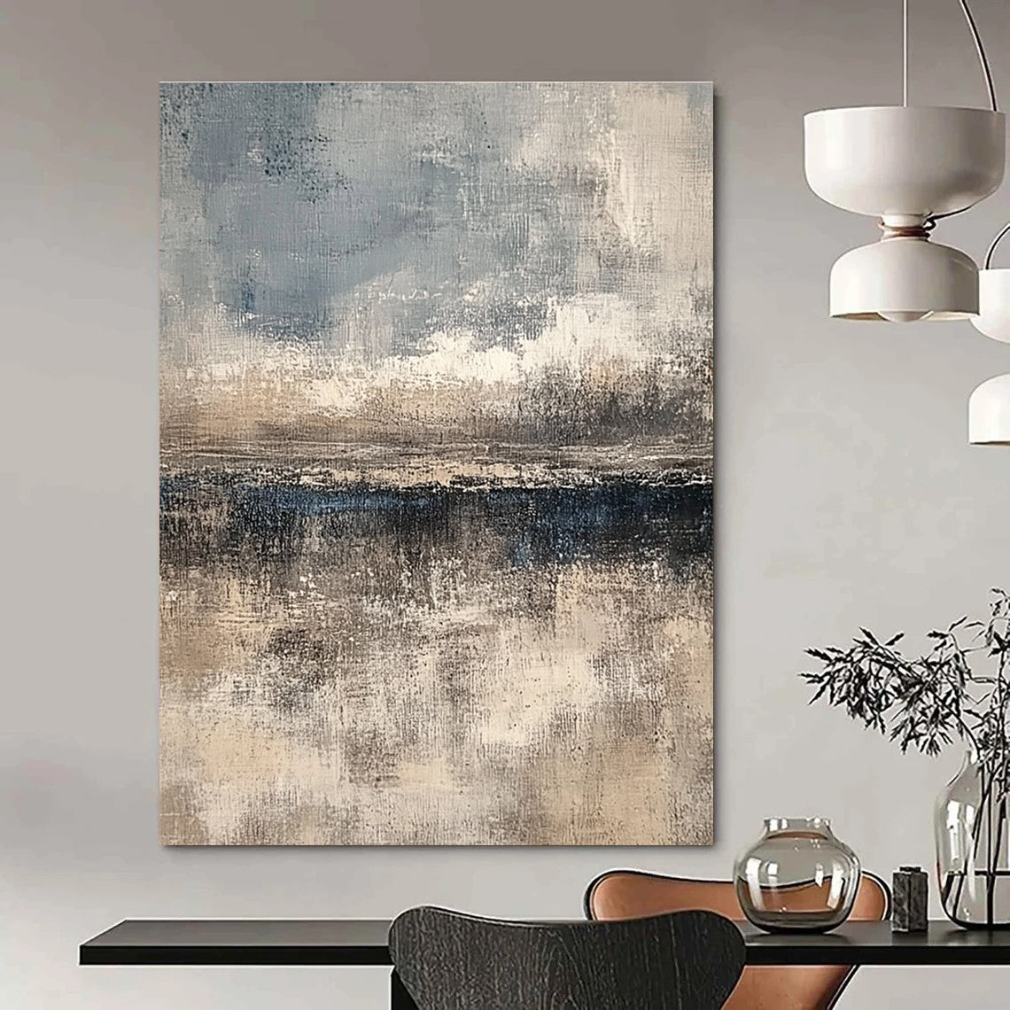 Large abstract painting featuring textured layers in neutral beige and gray with subtle blue and white accents creating depth and a serene horizon line.STSC108