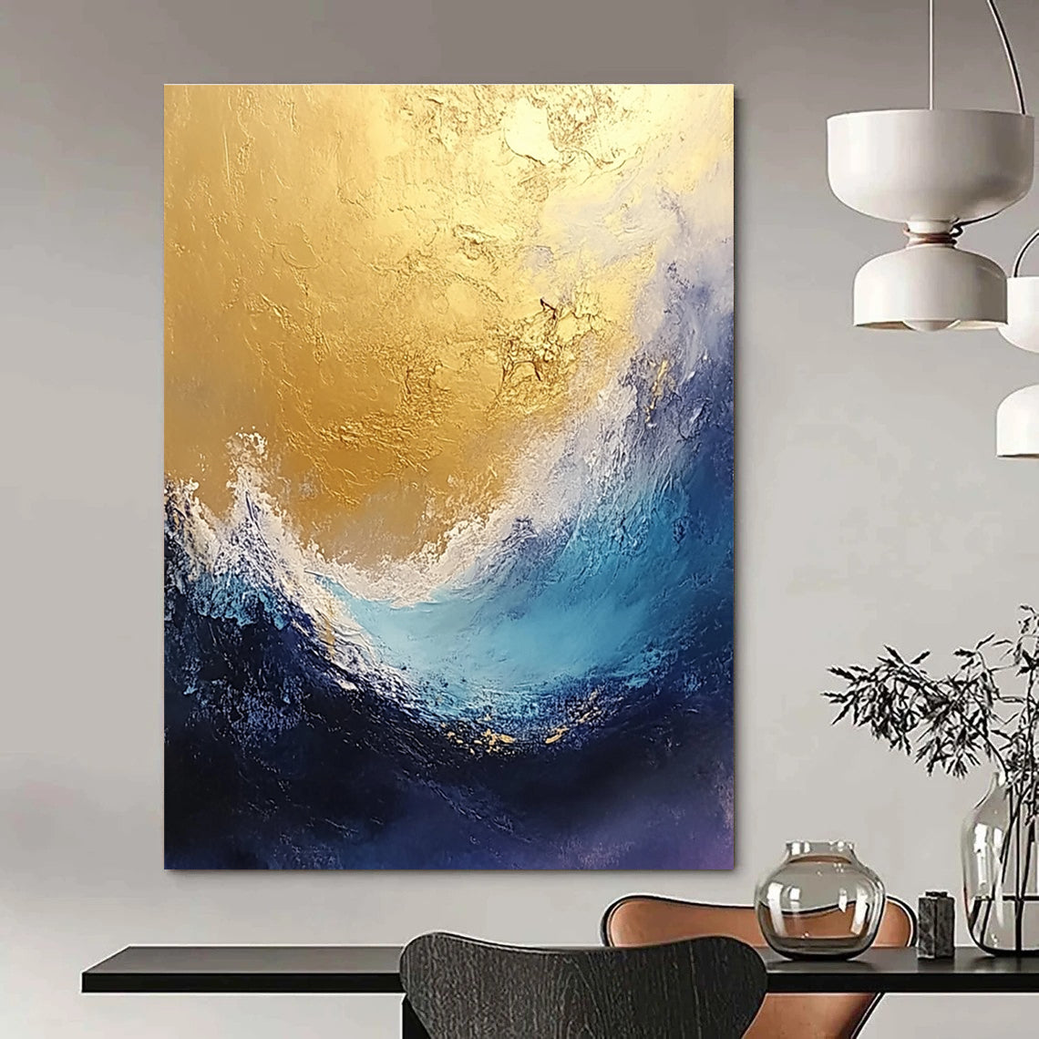 Large abstract painting depicting stormy seas in gold and blue tones with a textured finish perfect for enhancing any space.STSC334