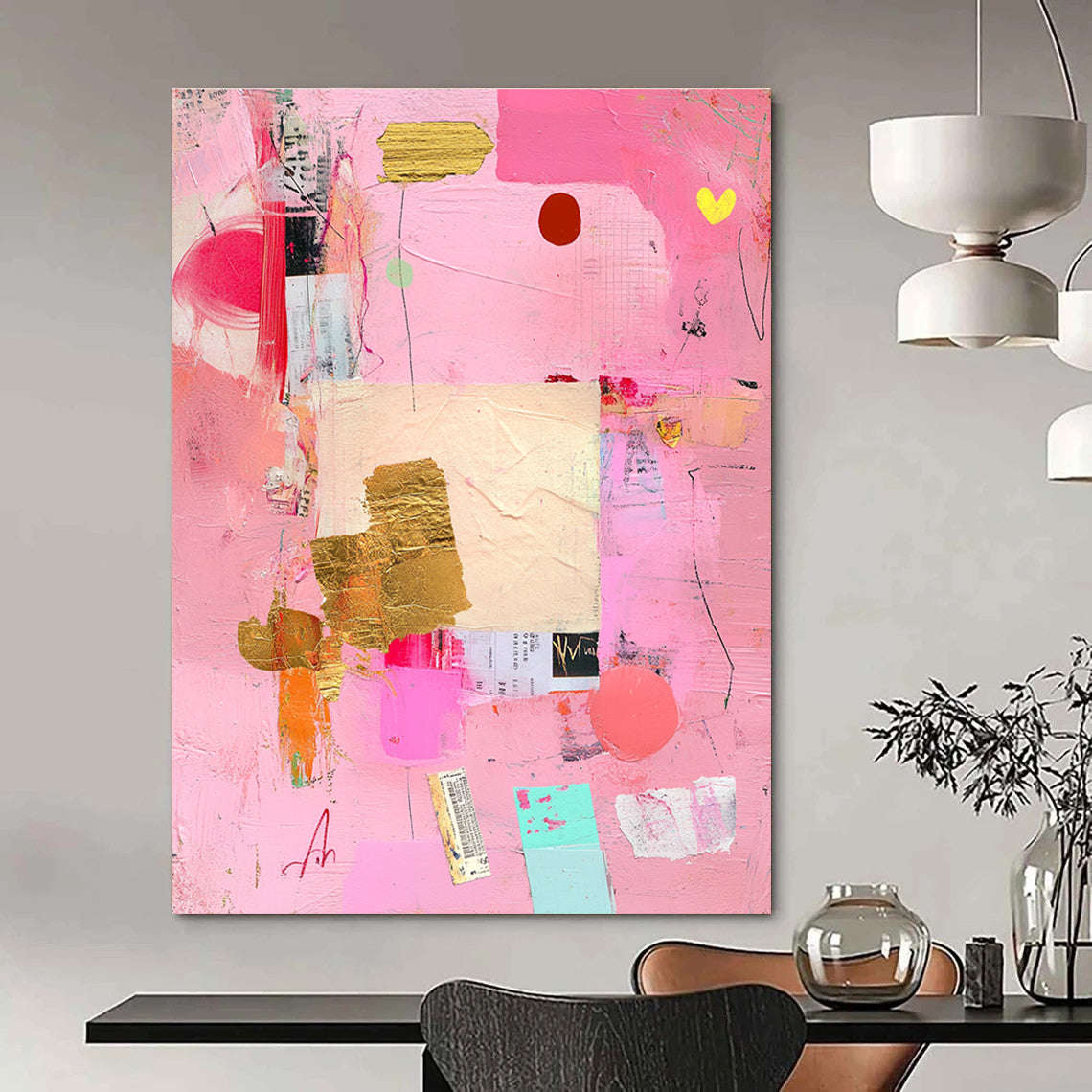 Abstract painting featuring a pink background with collage elements and soft pastel tones conveying love and romance through shapes and textures.STSC748