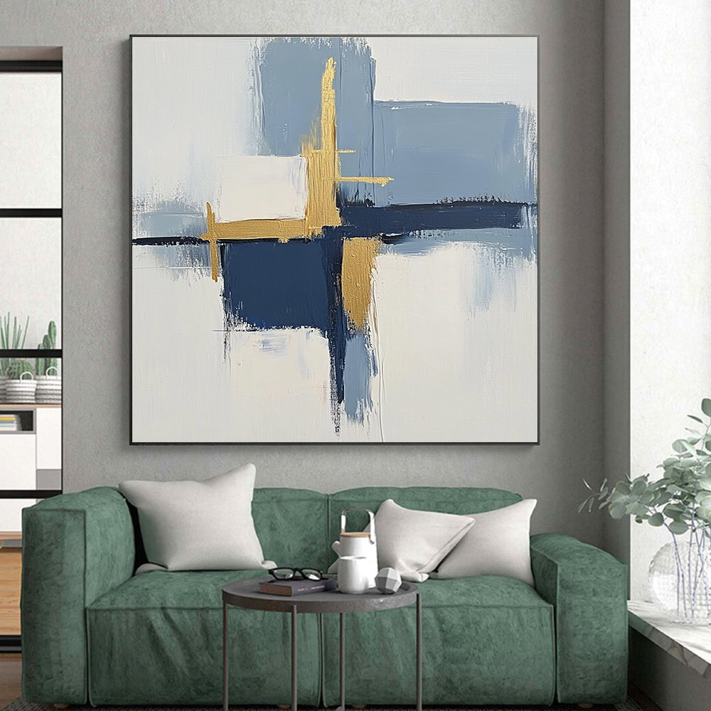 Blue and Gold Abstract Painting with Geometric Forms GER566