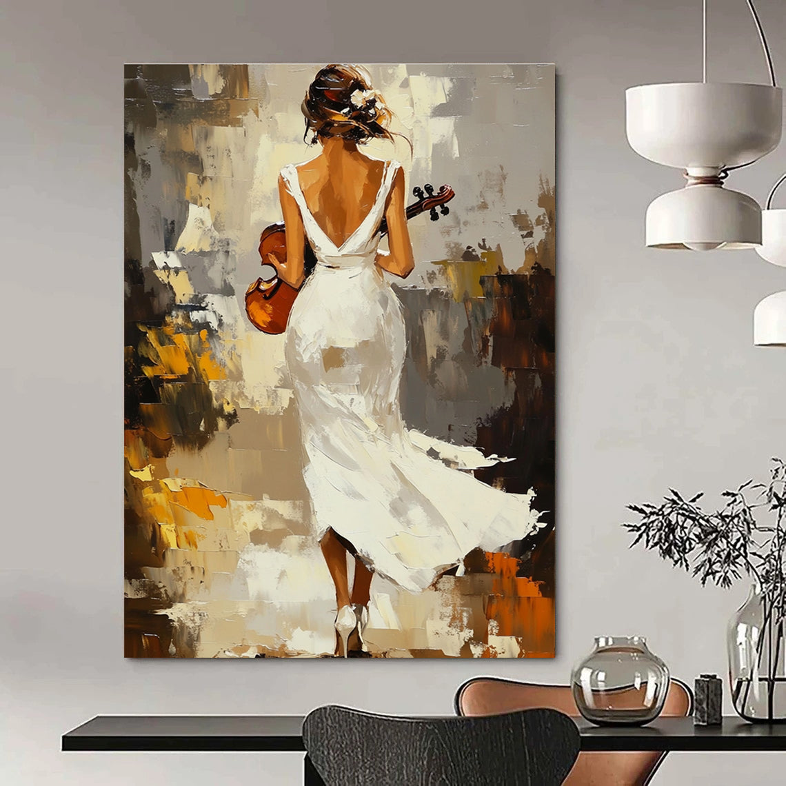 Abstract painting of an elegant woman in a flowing white dress holding a violin amidst warm impressionist scenery with visible brush strokes.STSC1379