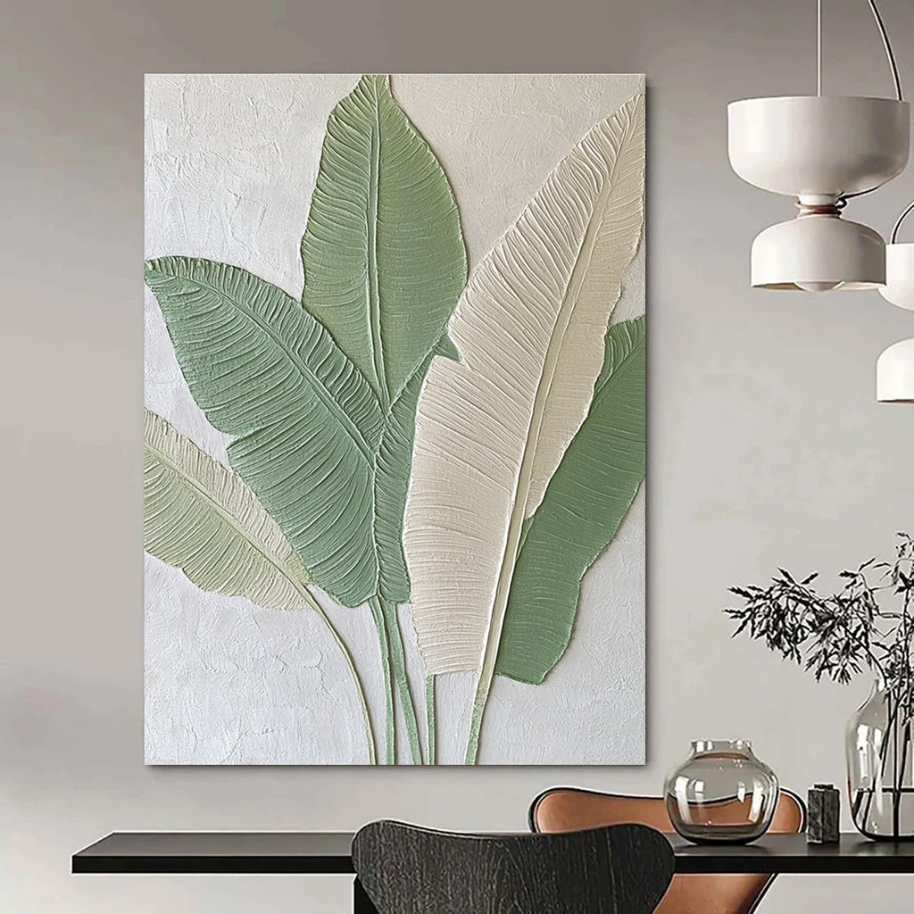 Large Abstract Painting Featuring Embossed Banana Leaves in Light Green and Beige Tones Ideal for Modern Home Decor.STSC001