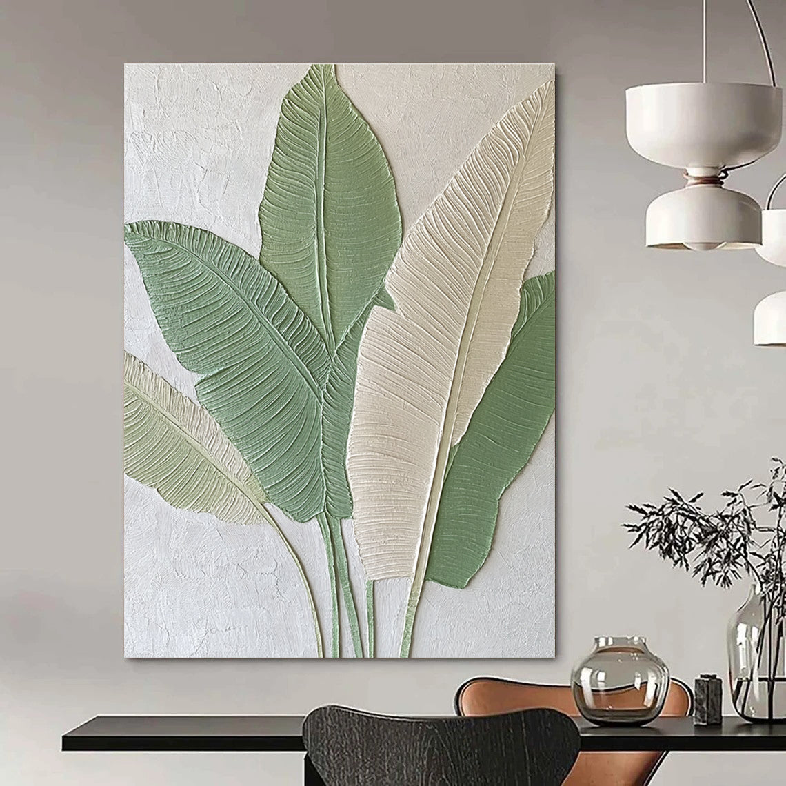 Large Abstract Painting Featuring Embossed Banana Leaves in Light Green and Beige Tones Ideal for Modern Home Decor.STSC001