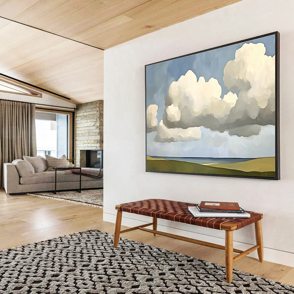 Large abstract painting of clouds in the sky inspired by Fairfield Porter featuring soft hues and fluid forms that evoke tranquility.SC601