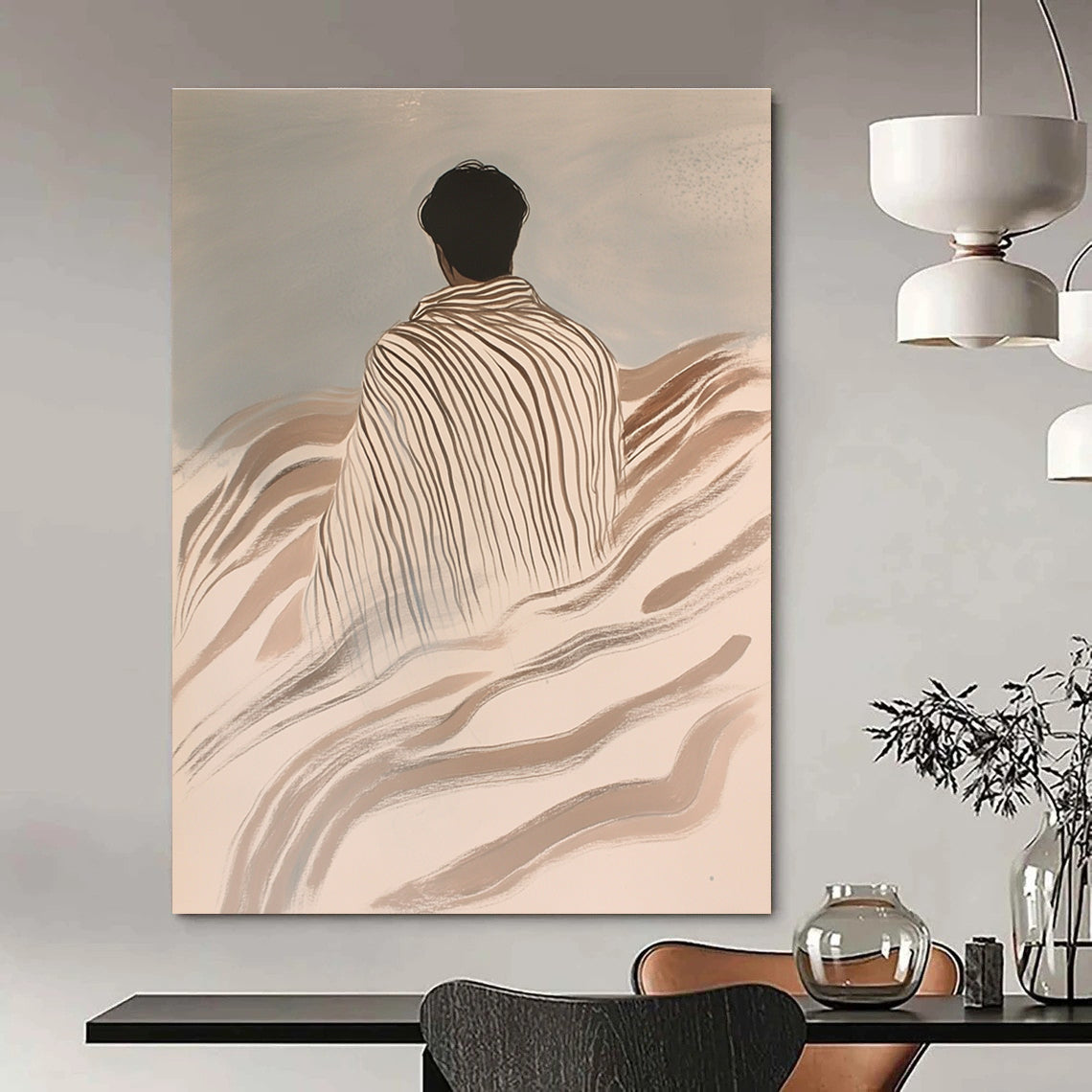 Abstract painting featuring an Asian man wrapped in striped blankets on waves with a light gray background in ink wash style.STSC1116