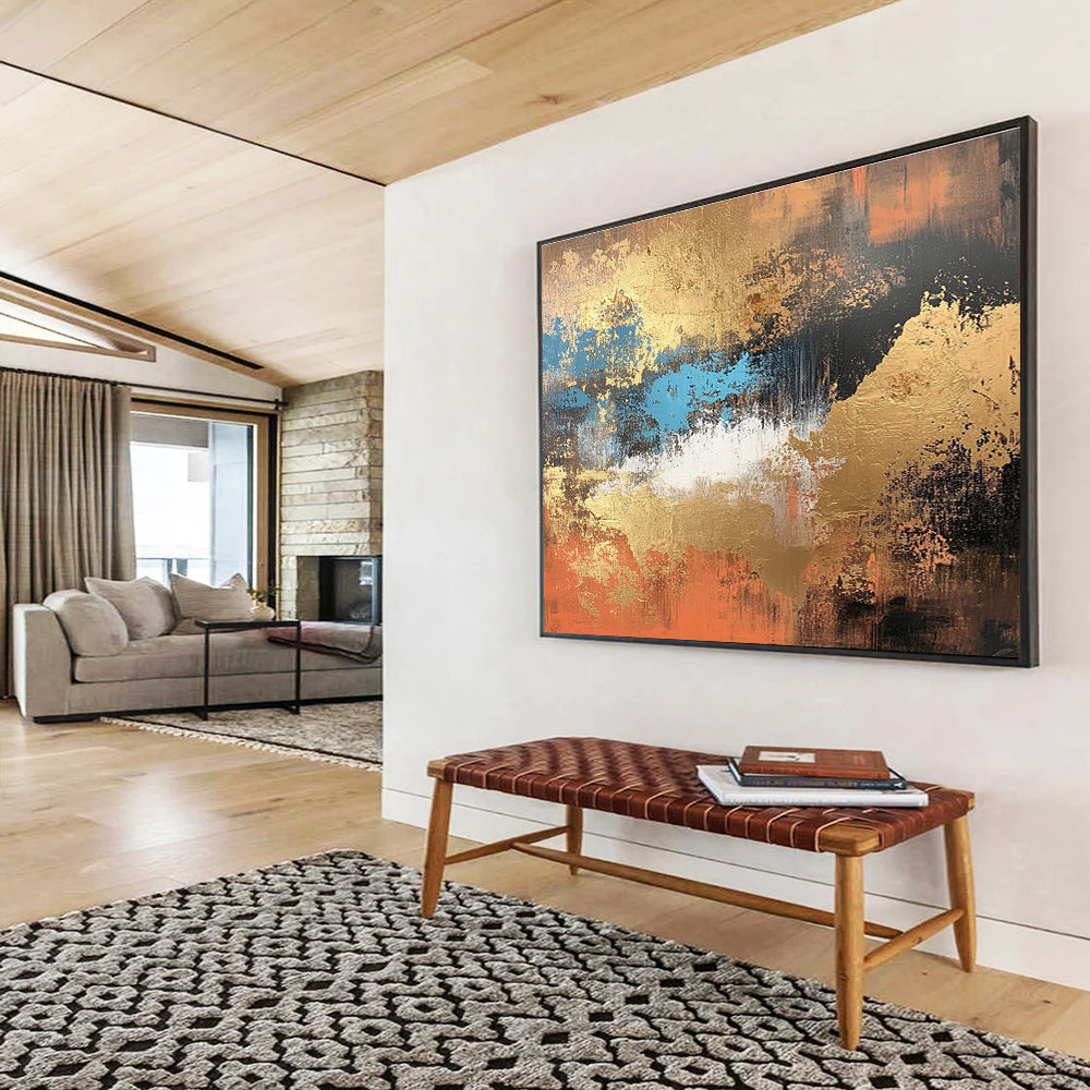 Gold Blue and Orange Abstract Painting with Rich Metallic Accents DYP251