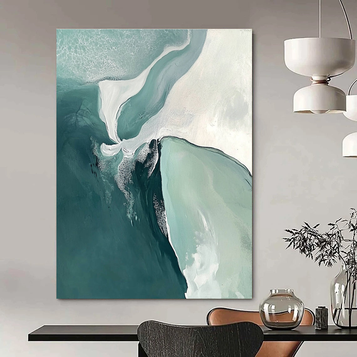 Large abstract painting featuring turquoise sea and white sand beach with soft edges and minimalist composition evoking peace and serenity.STSC534