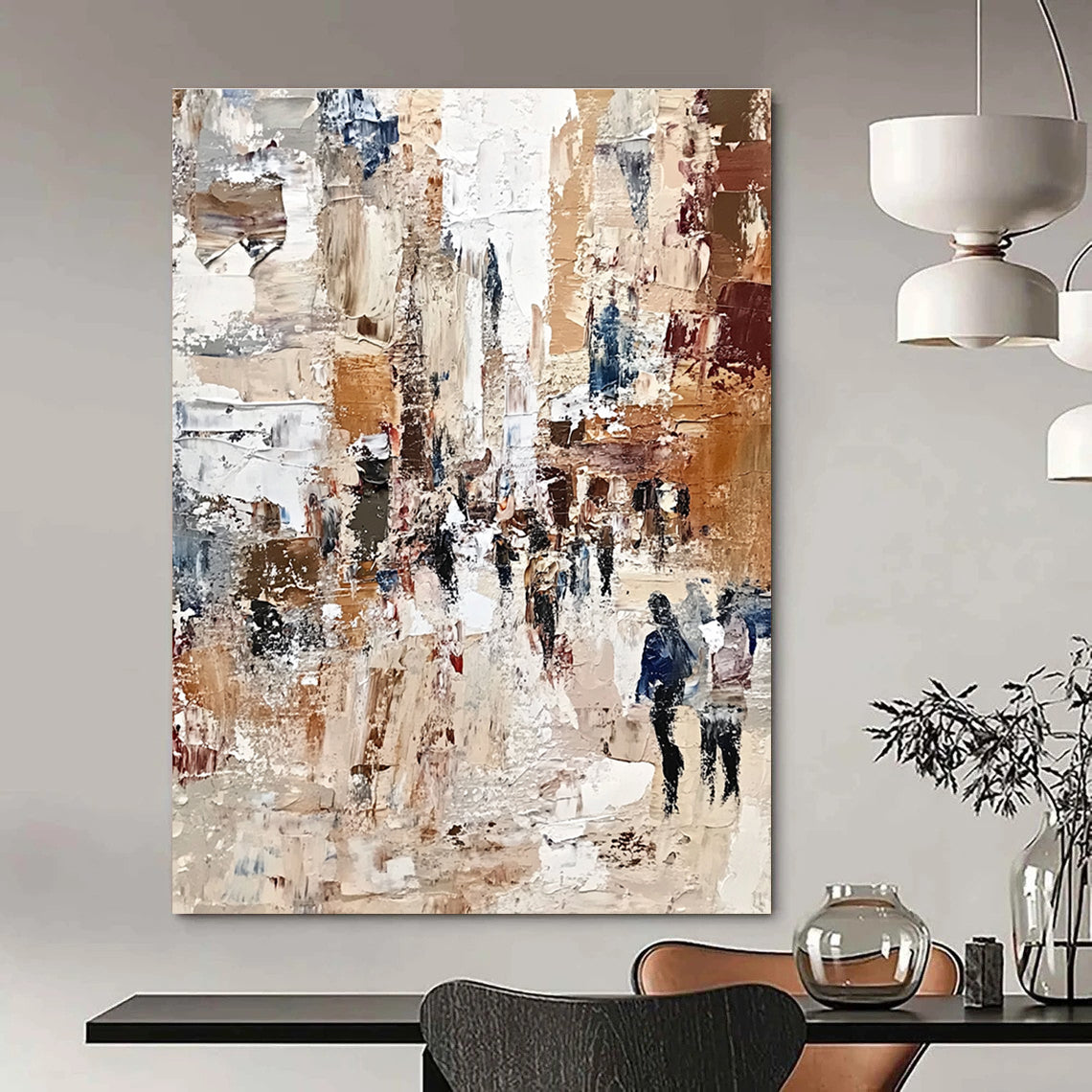 Large abstract painting of a bustling cityscape with textured impasto strokes in muted earthy tones and patchworks of warm colors, evoking impressionistic depth.STSC597