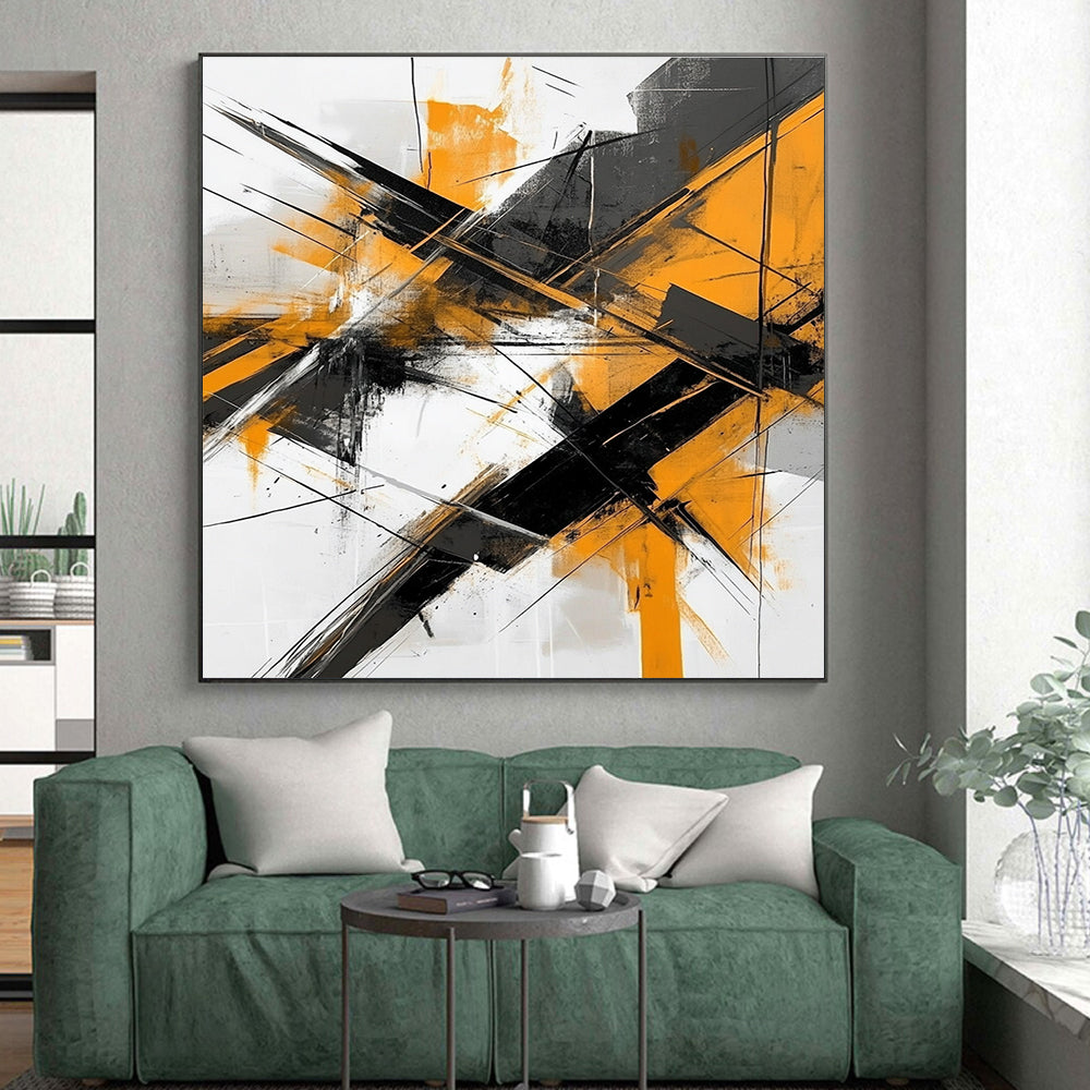 Dynamic Orange - Black Abstract Painting with Gray and White GER324