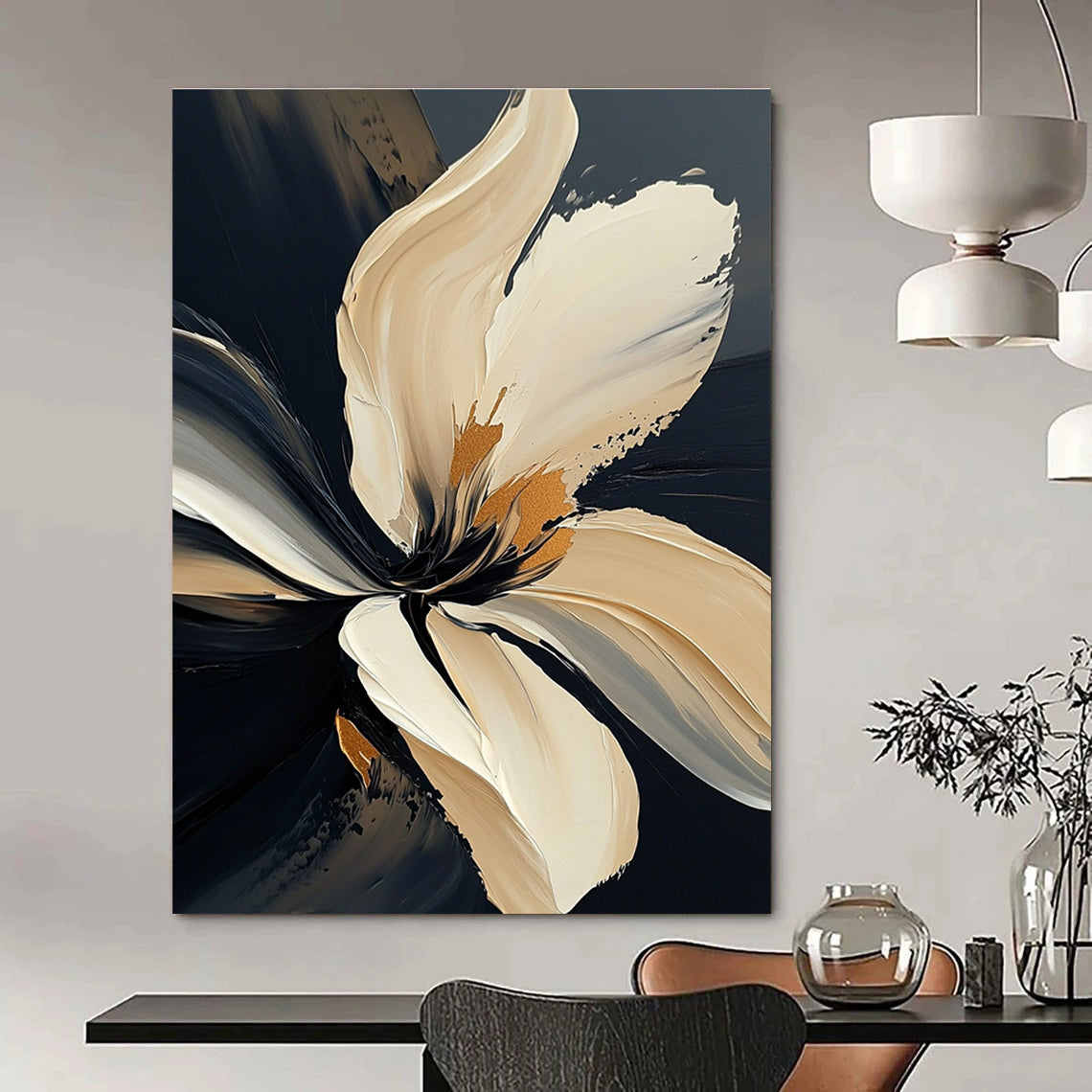 Large abstract painting of a textured white flower with bold strokes and gold accents on a dark gray background.STSC295