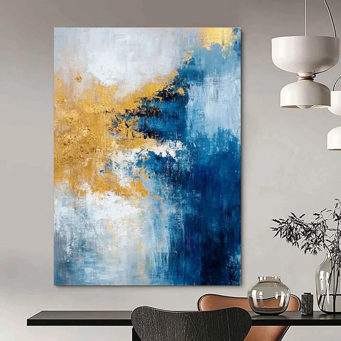 Blue and Gold Abstract Painting with Expressive Brushstrokes ADGE062