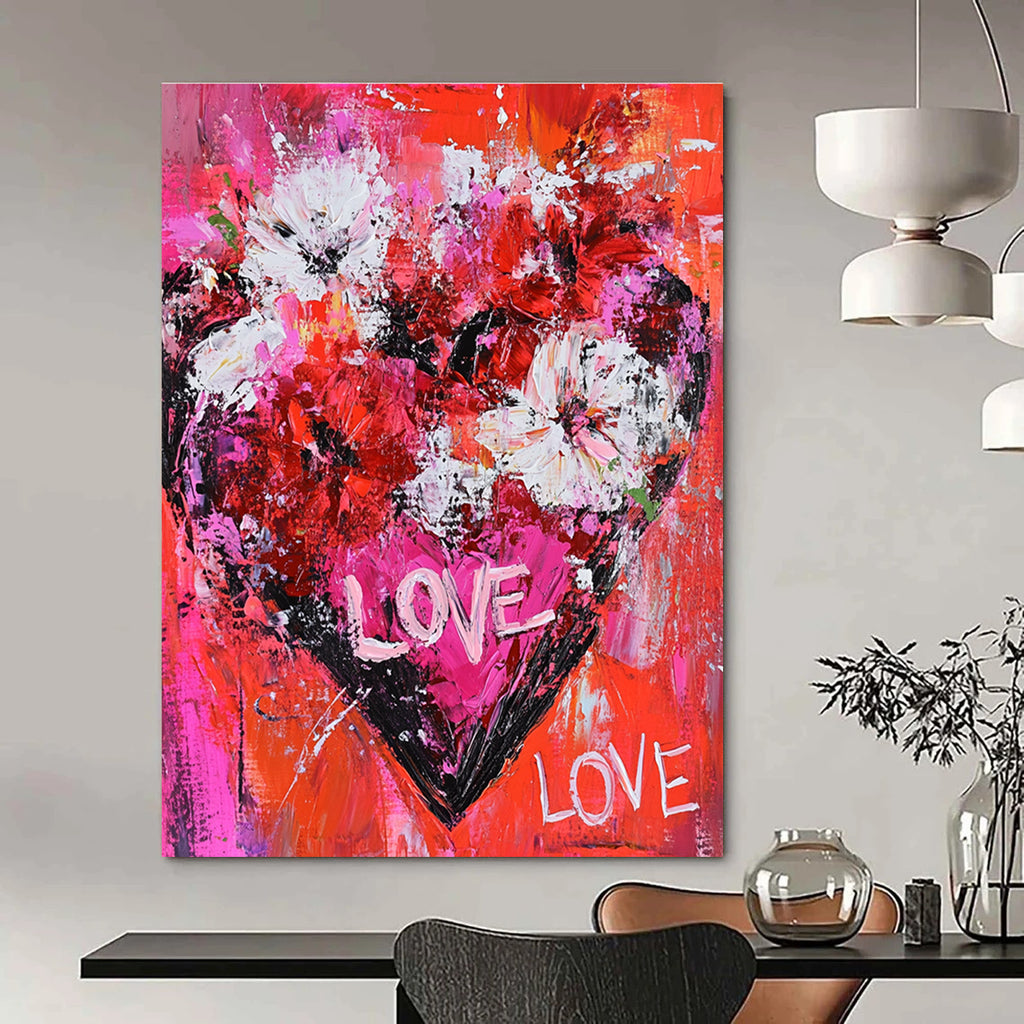 Large Abstract Painting of Flowers Forming a Heart in Bold Reds Pinks and Whites with Handwritten Love Text Symbolizing Passion and Romance.STSC680