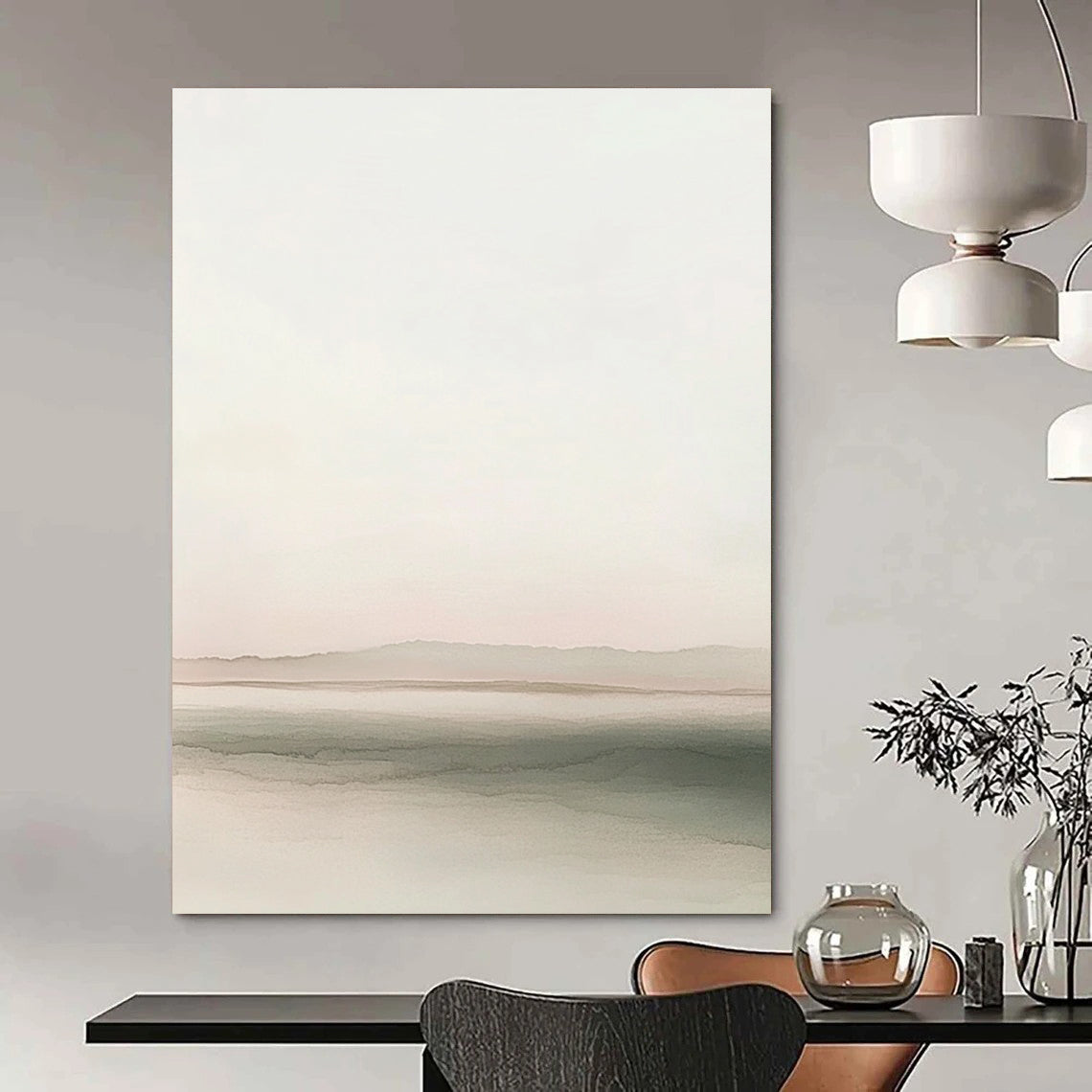 Large abstract painting featuring a soft horizon blending gray to pink with calming waves and distant hills ideal for text or design elements.STSC1242