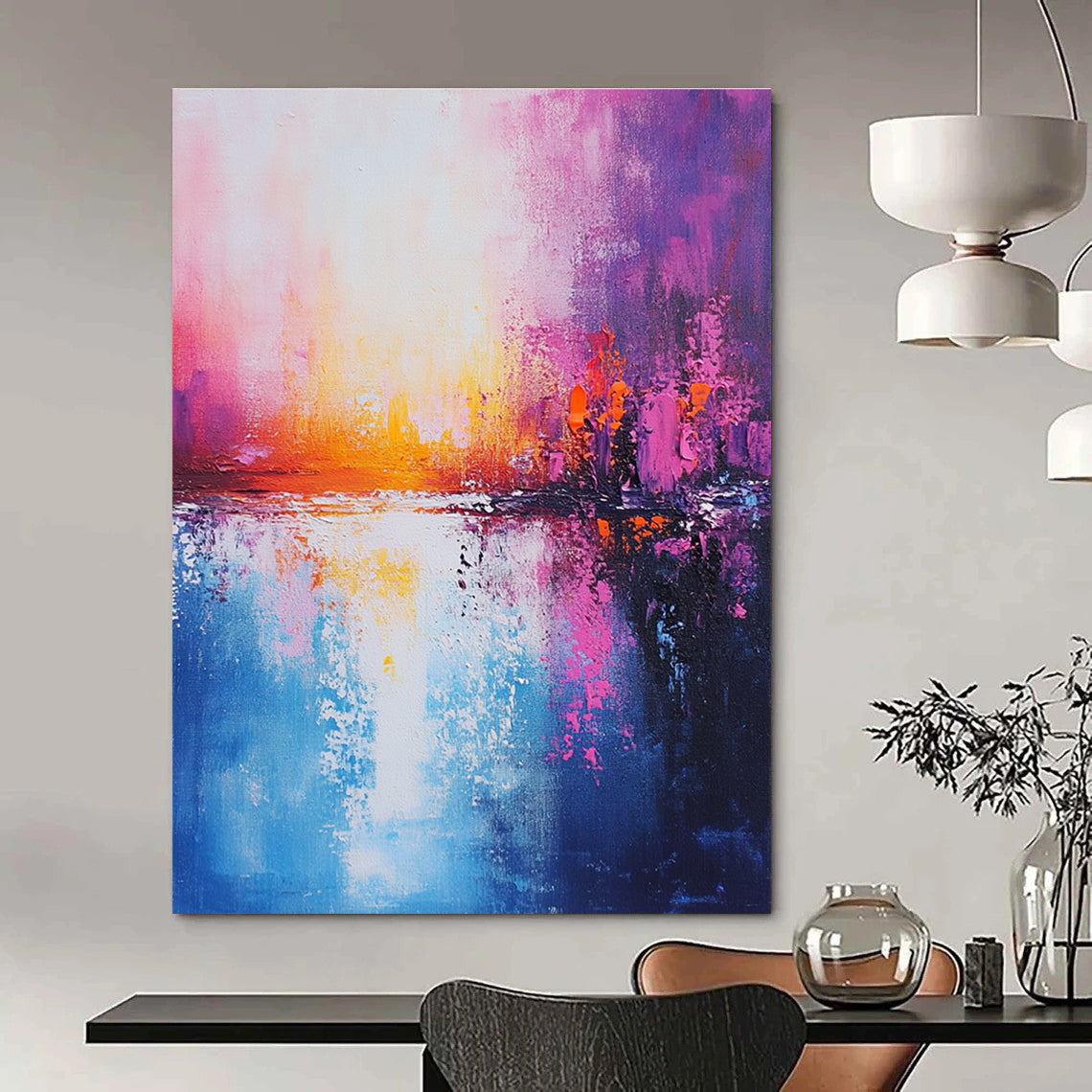 Large Abstract Painting of a tranquil ocean in pink blue and purple tones with a sunset warm cool palette and detailed brushstrokes on canvas.STSC265