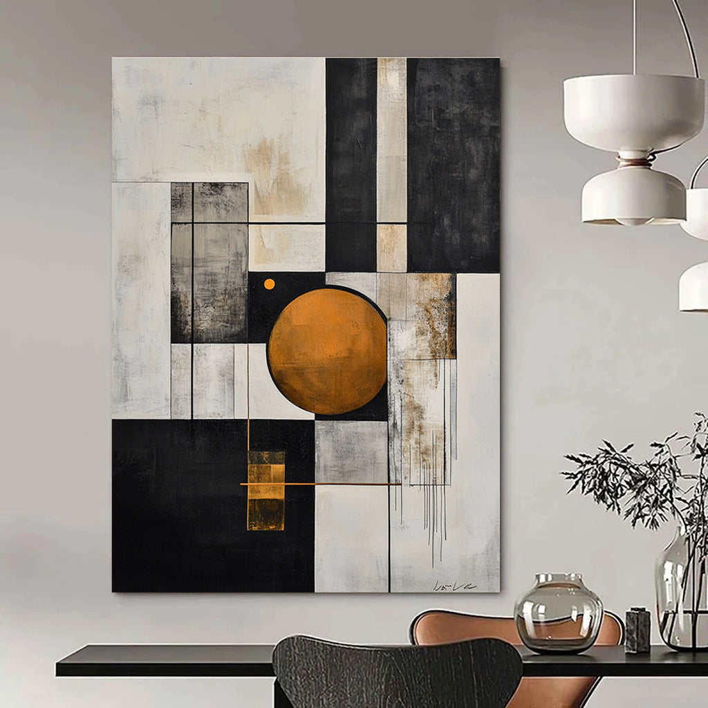 Large abstract painting in black and white with an orange circle and geometric shapes features a gray line and exquisite details on textured canvas.STSC207