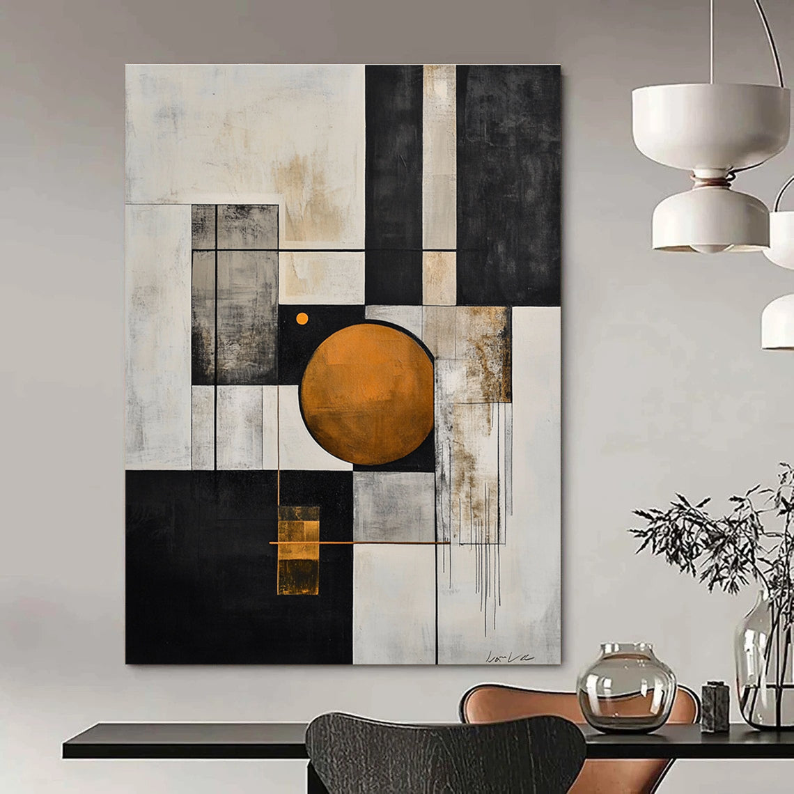 Large abstract painting in black and white with an orange circle and geometric shapes features a gray line and exquisite details on textured canvas.STSC207