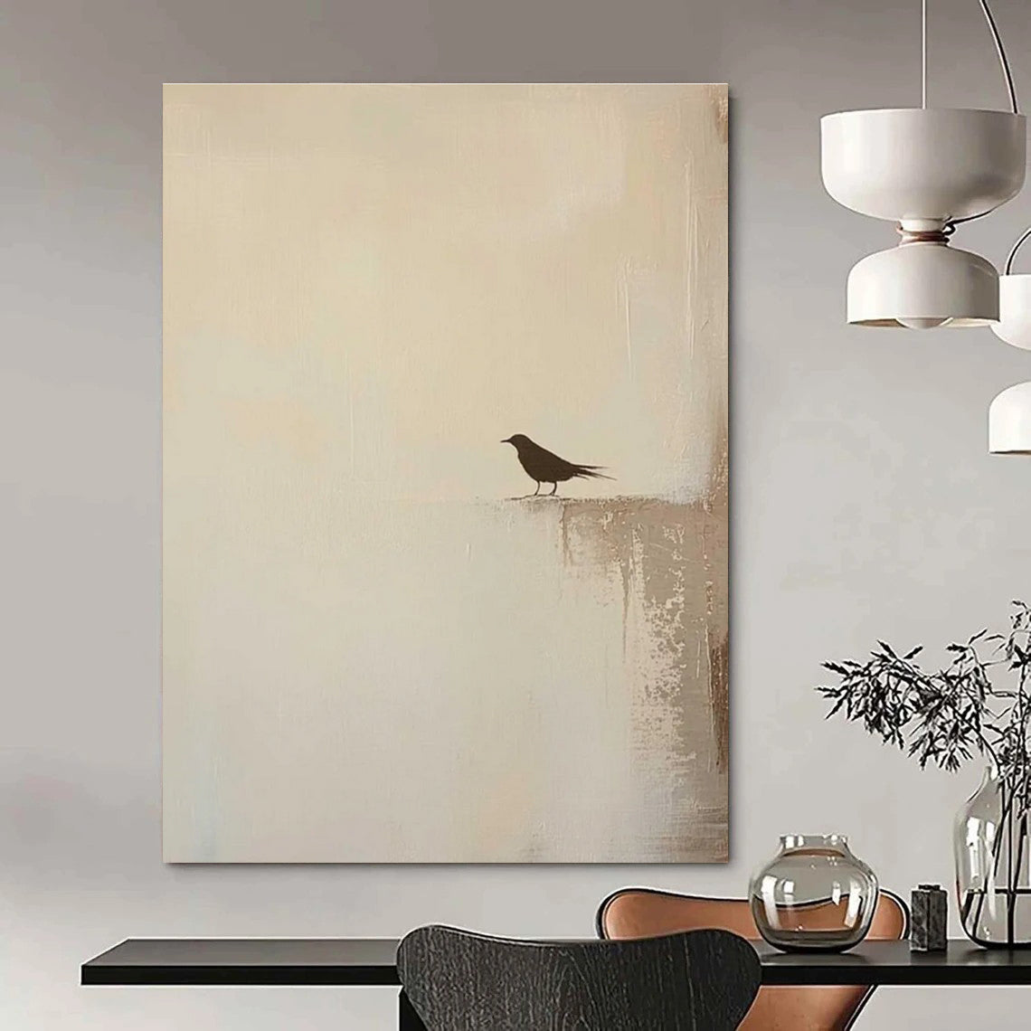 Solitary Bird Silhouette Abstract Painting with Subtle Textures ADGE483