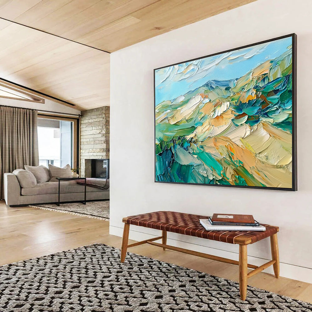 Textured Mountain Landscape Abstract Painting with Green Blue and Beige DYP287