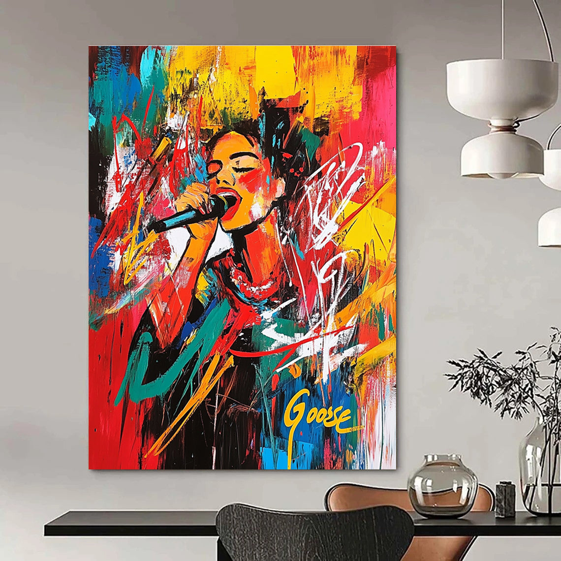 Large abstract painting of DJ Anna Kipreos at Christmas in Stung Treng with vibrant colors and energetic brush strokes creating a chaotic composition.STSC707