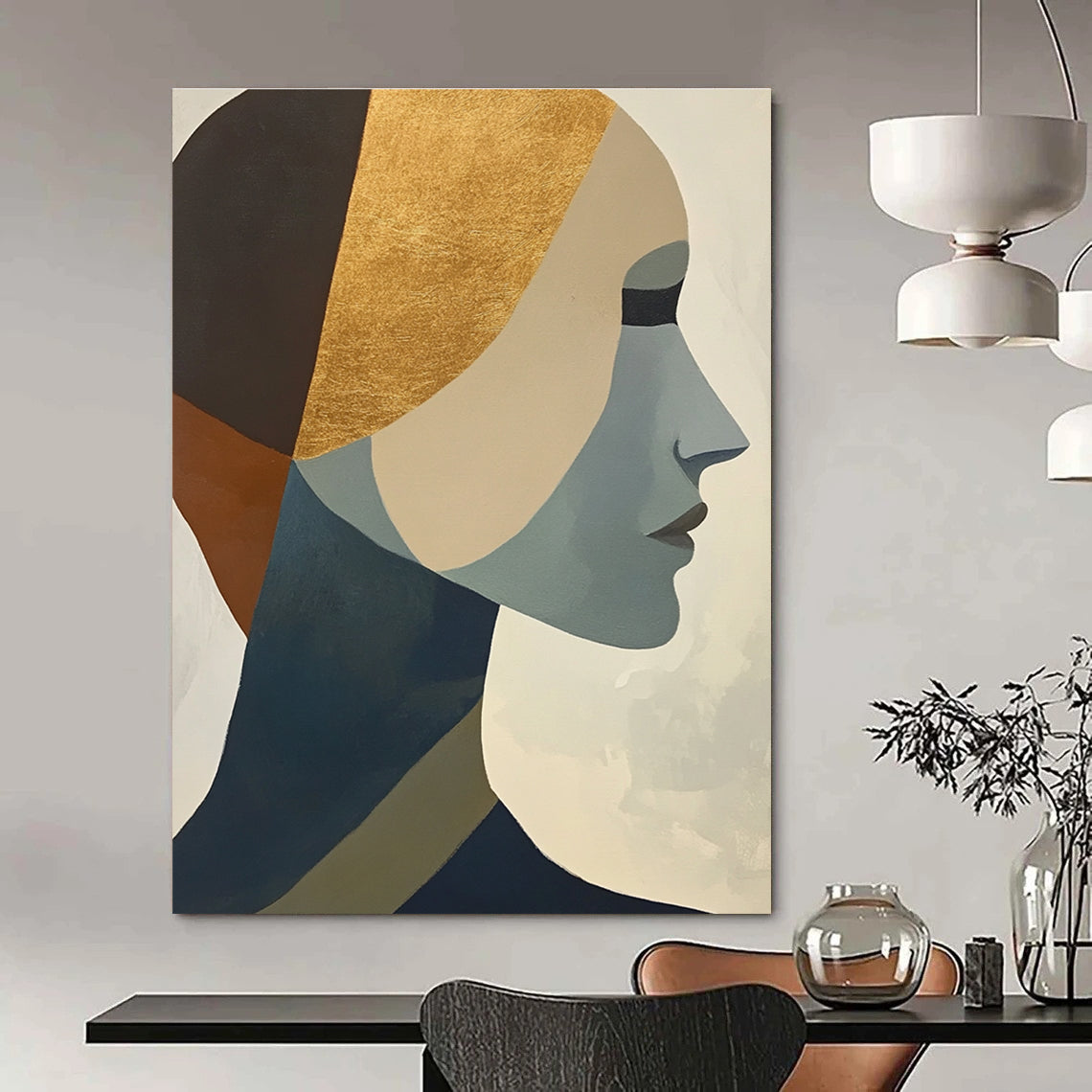 Large abstract painting featuring cubist shapes and lines muted colors gold foil accents and a hint of the female form.STSC692