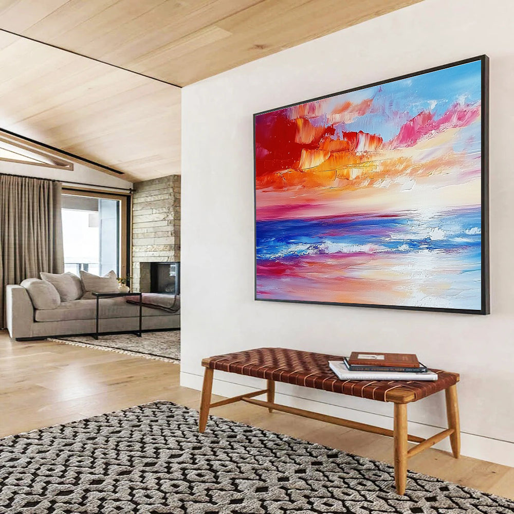 Colorful Sunset Seascape Abstract Painting with Reds Pinks and Blues DYP234