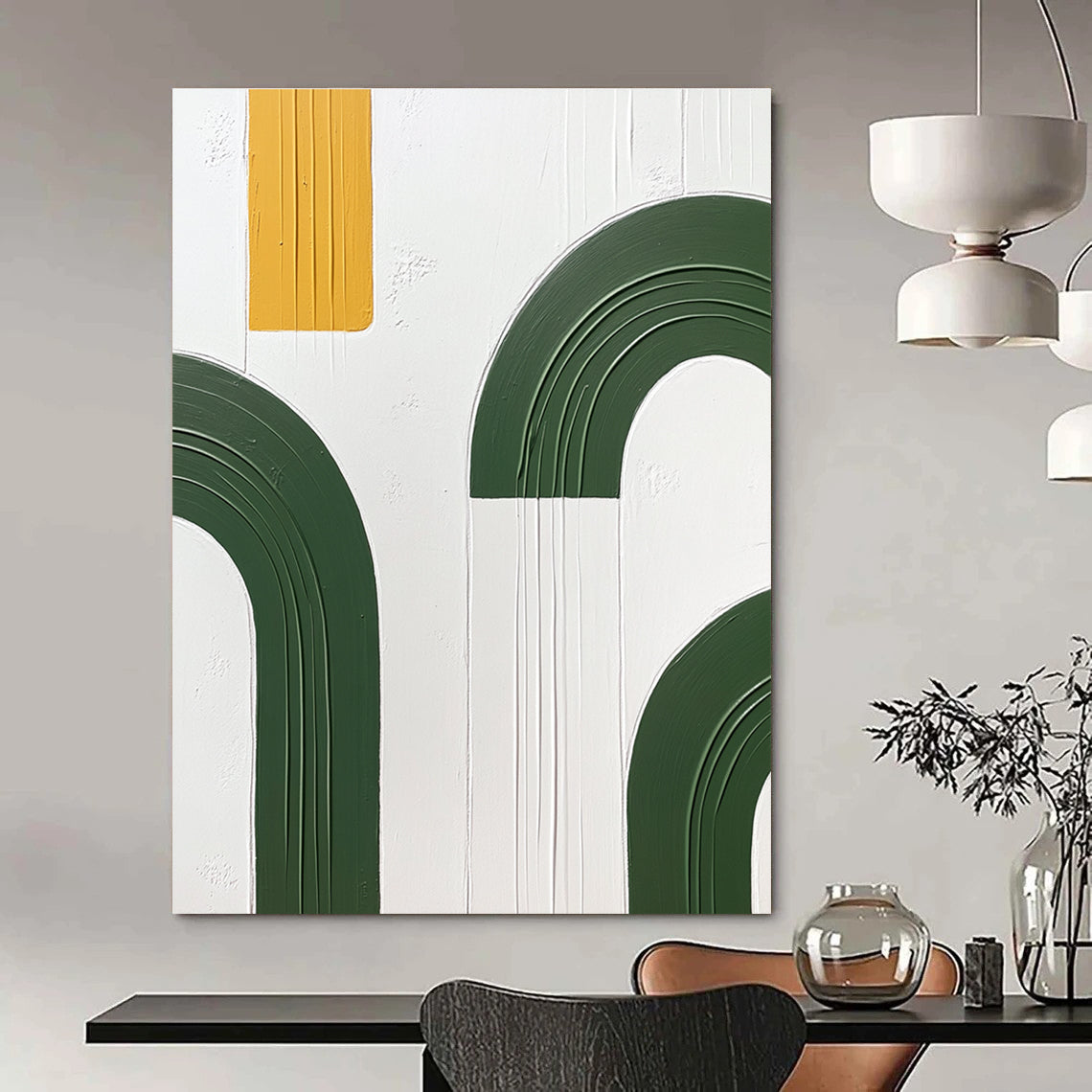 Large abstract painting featuring green arches and yellow circles on a white background with a hand-painted texture in oil paint.STSC1092